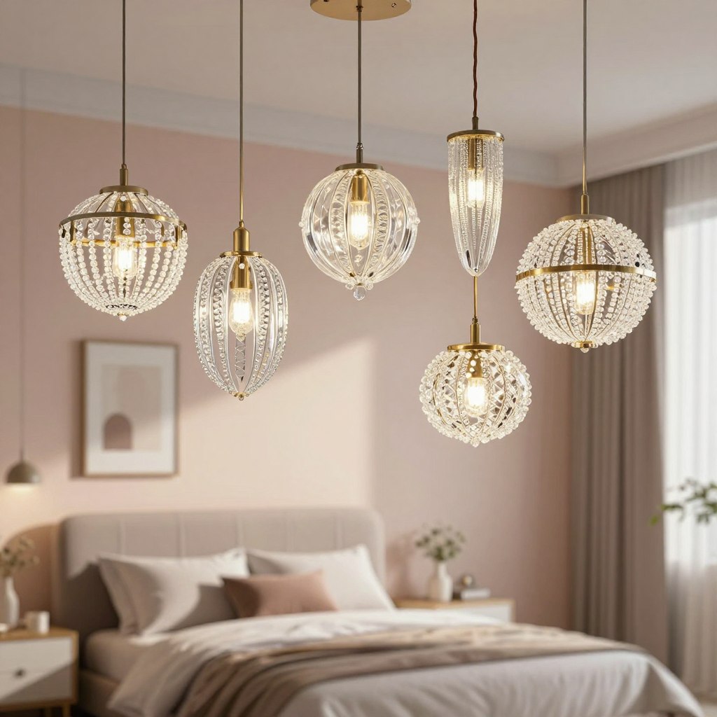 A collection of artistic pendant chandelier designs, showcased as striking focal points for a modern bedroom. In the foreground, features a stunning array of unique pendants—crafted from materials like crystal, metal, and delicate glass, each with intricate patterns and textures reflecting light elegantly. The middle ground highlights a softly illuminated, elegantly furnished bedroom setting, with soft pastel walls and modern decor. The ambient lighting creates a warm, inviting atmosphere, casting gentle shadows across the room. In the background, stylish decor elements such as framed artwork and a plush bed enhance the overall aesthetic. A slight bokeh effect adds depth to the scene, emphasizing the chandeliers as the main attraction. The image evokes a sense of luxury and creativity, perfect for inspiring new bedside lighting ideas.