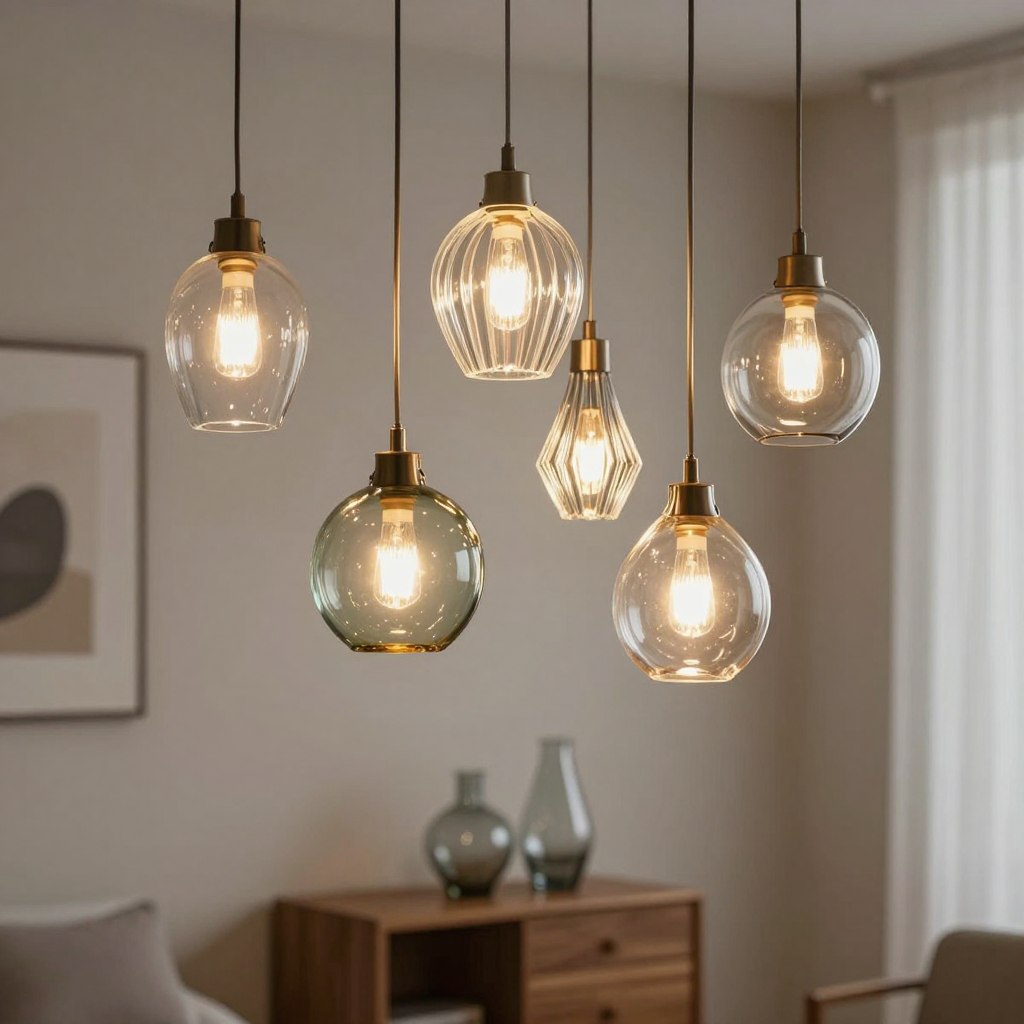 A collection of elegant glass pendant lights, showcasing diverse shapes and designs—from sleek teardrops to intricate geometric forms—suspended gracefully in a modern, minimalist room. The foreground features a grouping of these pendant lights with soft, warm light emanating, highlighting the glass textures and subtle colors. In the middle ground, a stylish wooden bedside table holds a pair of matching glass vases, completing the sophisticated decor theme. The background is softly blurred, with hints of contemporary wall art and calming neutral tones, creating an inviting atmosphere. The scene is well-lit with an ambient glow that enhances the elegance of the glass, captured from a slightly low angle to emphasize the hanging lights' beauty.