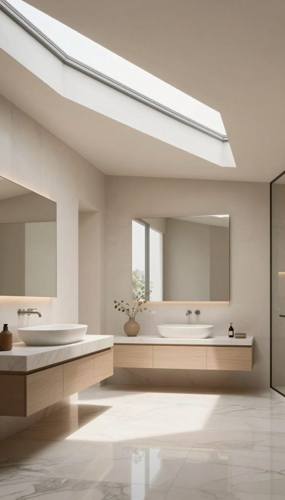A contemporary bathroom featuring modern linear skylights that elegantly stretch across a sleek, minimalist ceiling. The foreground showcases luxurious, polished marble tiles glistening under the soft, natural light pouring through the skylights, creating a warm and inviting atmosphere. In the middle ground, a stylish floating vanity with a clean design is adorned with a simple yet elegant vessel sink, accented by understated decor. The walls feature a muted, calming color palette that enhances the airy feel of the space. In the background, a large window complements the skylights, allowing additional daylight to flood the room. The overall mood reflects tranquility and sophistication, with an emphasis on seamless connection with nature. The image is bright and inviting, with a focus on clean lines and modern design.