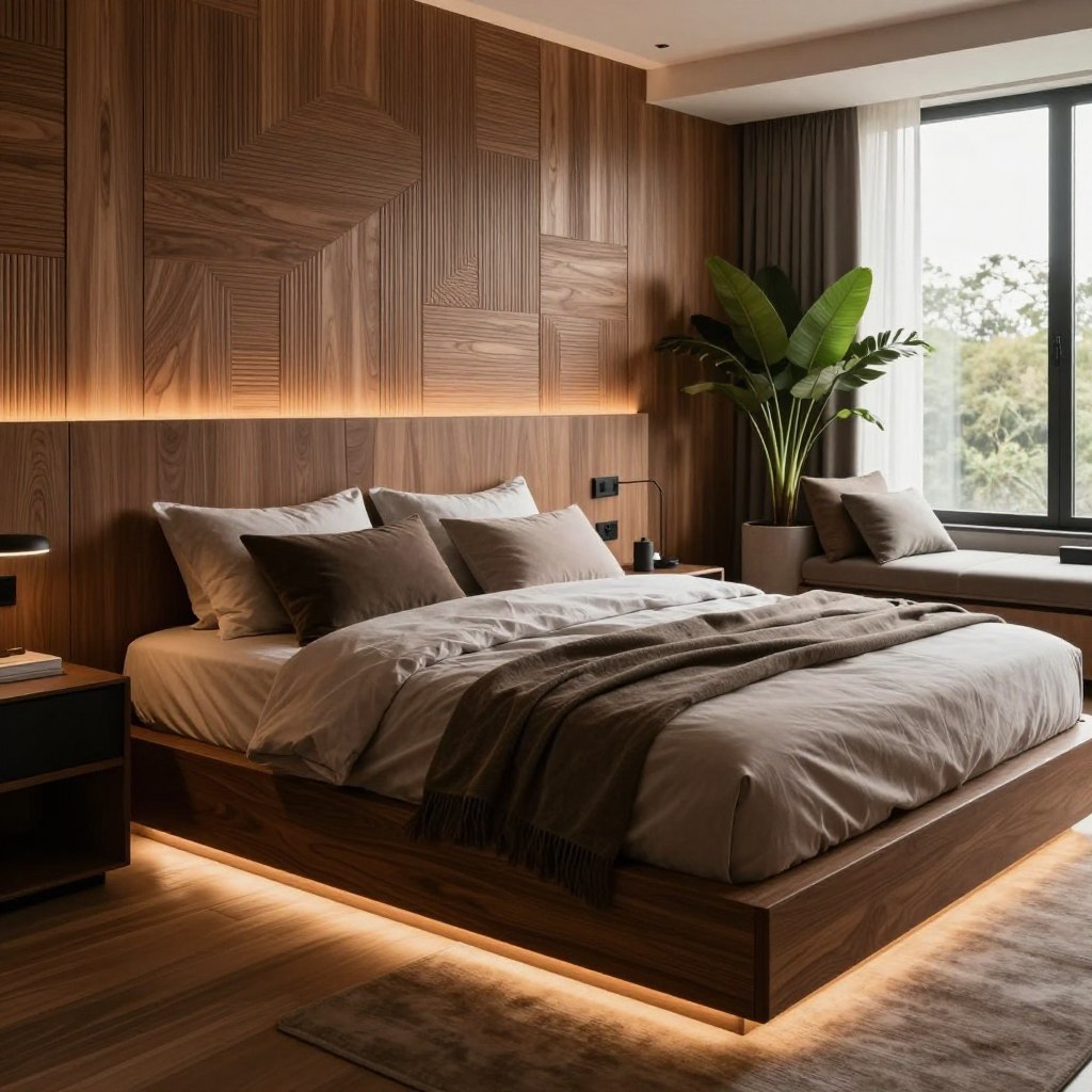 A contemporary bedroom featuring an elegant integration of decorative wood panels, showcasing a sophisticated design with rich textures and warm tones. The foreground highlights a sleek wooden wall panel with geometric patterns, subtly illuminated by hidden smart LED lighting that casts a soft, ambient glow. In the middle, a beautifully styled bed with plush bedding and minimalist decor complements the wooden accents. The background consists of a cozy nook with stylish furniture, large windows allowing natural light to stream in, and a lush plant adding a touch of greenery. The scene is bathed in a tranquil mood, emphasizing relaxation and luxury with soft shadows and natural light, captured from a slightly elevated angle for an immersive perspective.