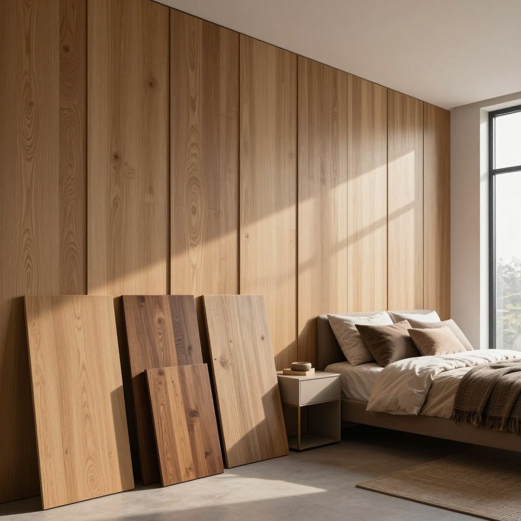 A contemporary bedroom featuring elegant budget-friendly interior wall paneling. In the foreground, showcase a variety of wood panel options—light oak, walnut, and reclaimed wood—arranged in an appealing display, each panel highlighting its unique grain and texture. The middle ground reveals a softly lit wall adorned with the paneling, creating a warm, inviting atmosphere. Accent the scene with subtle shadows to enhance depth. In the background, a stylish but minimalistic décor complements the wall design, such as a simple bed with plush bedding, soft throw pillows, and a sleek bedside table. Natural light streams in through a large window, casting gentle rays that illuminate the paneling and enhance the wood's colors. The overall mood is serene and sophisticated, ideal for inspiration in modern interior design.