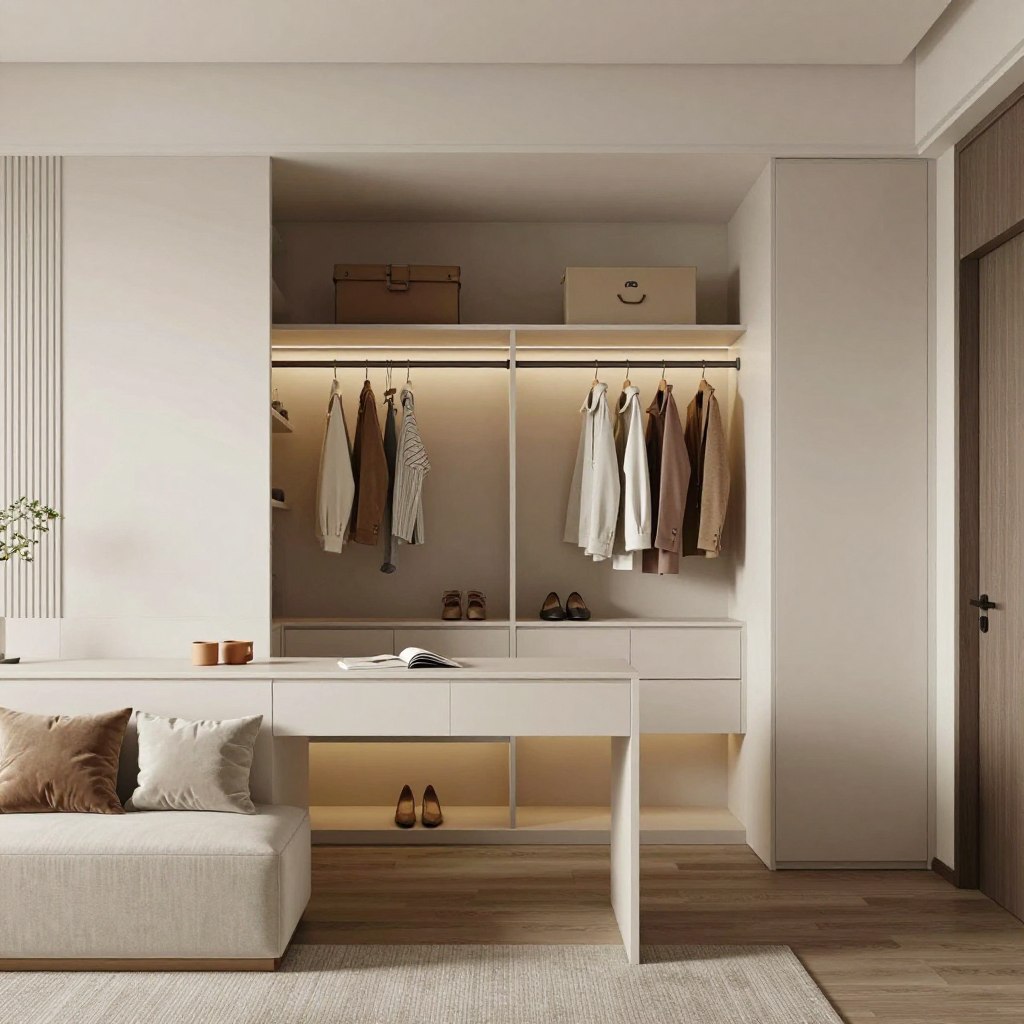 A contemporary custom closet design features a sleek, integrated desk and an inviting seating area, positioned to maximize functionality in a compact bedroom space. In the foreground, the stylish desk showcases minimalistic design, complemented by elegant storage drawers, and surrounded by soft, muted colors. The seating area consists of a cozy, upholstered bench with plush cushions, perfect for relaxation or quick outfit changes. In the middle, the closet is spacious yet well-organized, containing neatly arranged shelves for shoes, clothing, and accessories, all illuminated by warm, ambient lighting that creates a cozy atmosphere. The background includes a tastefully designed wall with decorative accents, enhancing the room's overall aesthetic. The image is captured with a wide-angle lens, providing a bright and airy feel, inviting viewers into this modern multi-functional wardrobe space.