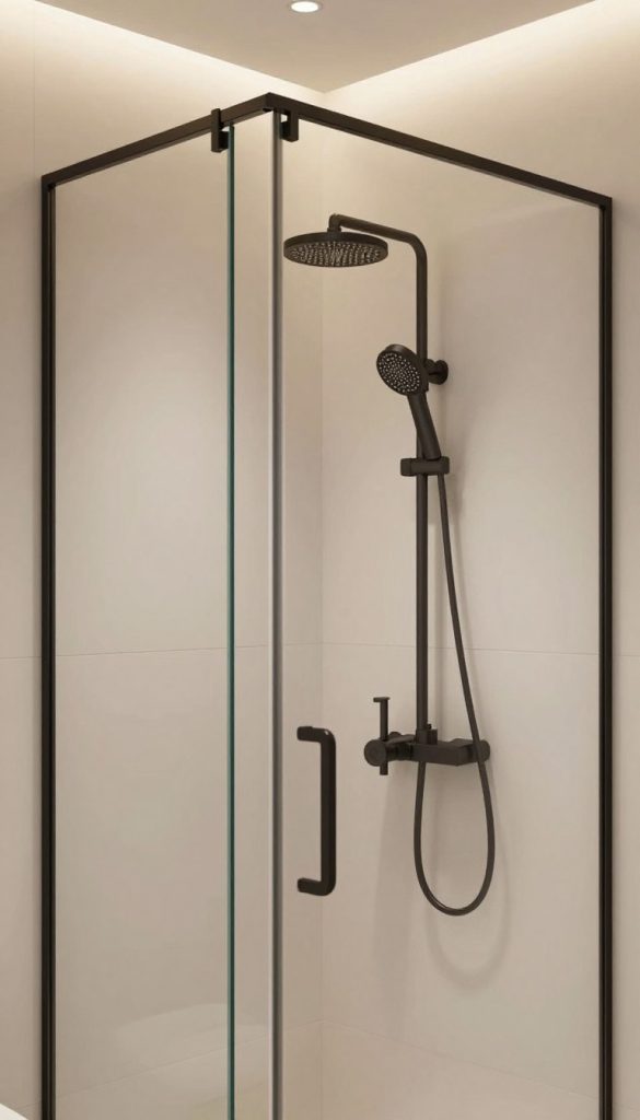 A contemporary frameless shower design featuring sleek all-black hardware. In the foreground, the clear glass shower enclosure showcases minimalist lines and smooth surfaces, creating a seamless transition with the surrounding space. The middle section includes a stylish, matte black showerhead and additional fixtures with geometric shapes that enhance the modern aesthetic. Soft, ambient lighting casts a warm glow, highlighting the reflective qualities of the glass and the contrast with the dark hardware. The background reveals a clean, neutral-colored tile wall, emphasizing tranquility and elegance. The overall atmosphere is sophisticated and inviting, perfect for a luxurious bathroom setting. The image captures an unobtrusive angle, focusing on the shower's design details without any human presence.
