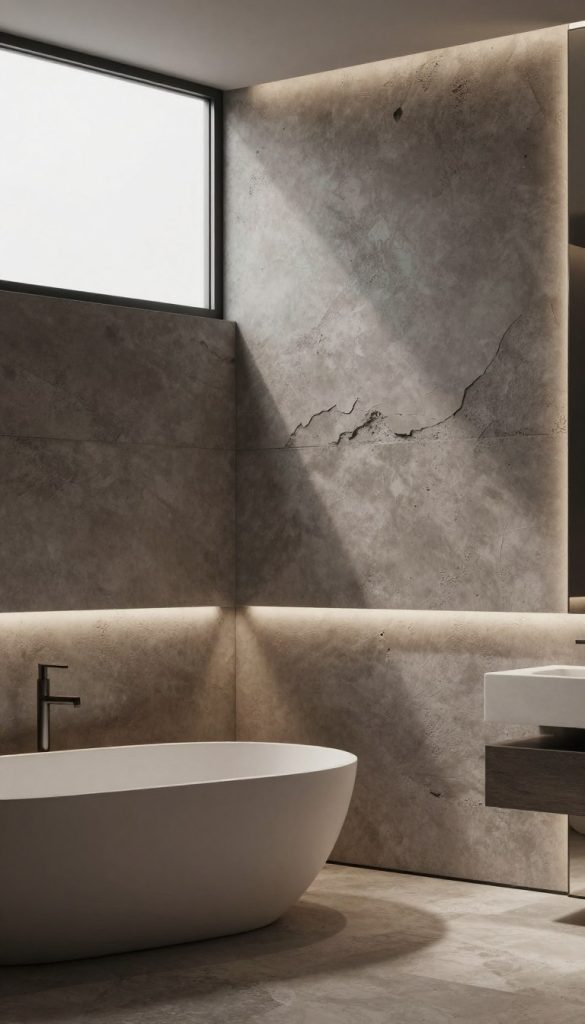 A contemporary luxury bathroom scene showcasing modern textured walls featuring raw concrete and microcement surfaces. In the foreground, a sleek, minimalist bathtub sits on polished stone flooring, inviting relaxation. The middle layer displays rich, textured walls with a blend of uneven raw concrete and smooth microcement, illuminated by soft, ambient lighting that highlights their unique textures and imperfections. In the background, a large frosted glass window allows natural light to filter in, casting gentle shadows and enhancing the atmosphere. The color palette is muted with shades of grey, taupe, and earthy tones, creating a serene and sophisticated mood. No people are present in this elegant setting, ensuring a focus on the luxurious textures.