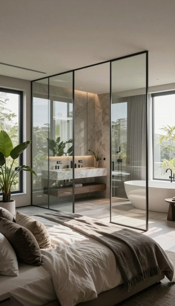 A contemporary master bedroom featuring elegant glass partitions that create a seamless blend between the sleeping area and an adjacent bathroom. The foreground showcases a plush, king-sized bed adorned with textured pillows and a stylish throw, while the middle layer includes transparent glass walls that allow for an open yet private ambiance. Soft, natural light filters in through large windows, casting gentle shadows across the room. The background reveals a sleek bathroom with modern fixtures visible through the glass, enhancing the sense of connectivity. Incorporate muted color tones with pops of greenery from indoor plants, evoking a tranquil atmosphere ideal for relaxation and retreat. Use a wide-angle lens to capture the entire space, emphasizing its spaciousness and modern design.