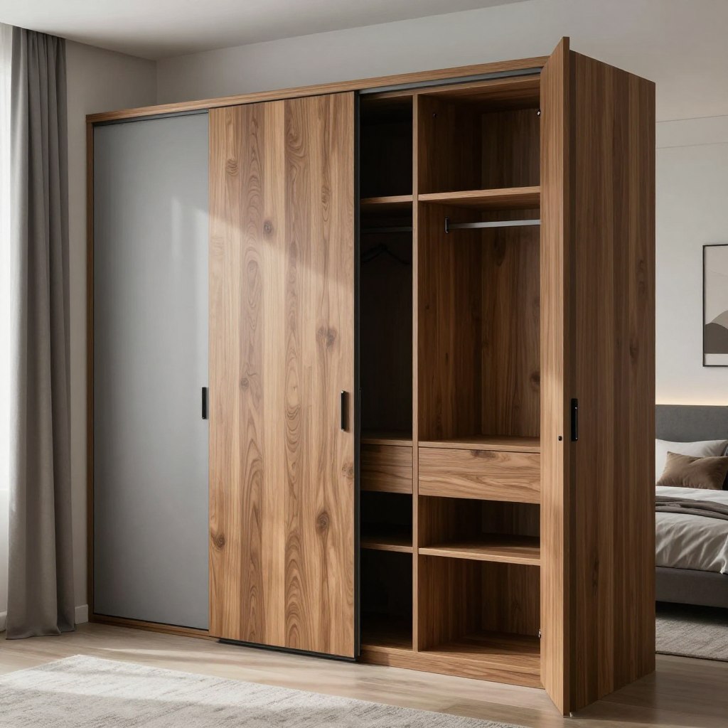A contemporary two-tone sliding door wardrobe, featuring a sleek modern design, showcasing a combination of soft gray and rich oak wood finishes. The wardrobe doors slide open to reveal ample storage space with neatly organized shelves and hanging areas. The foreground highlights the smooth texture of the wood grain, while the middle captures the wardrobe integrated into a stylish bedroom setting, complete with minimalistic decor and neutral tones. Soft, diffused natural light filters in from a nearby window, casting gentle shadows that enhance the wardrobe's lines and curves. The background includes a tastefully arranged small bedroom with cozy accents, creating an inviting atmosphere that embodies modern elegance and functionality.