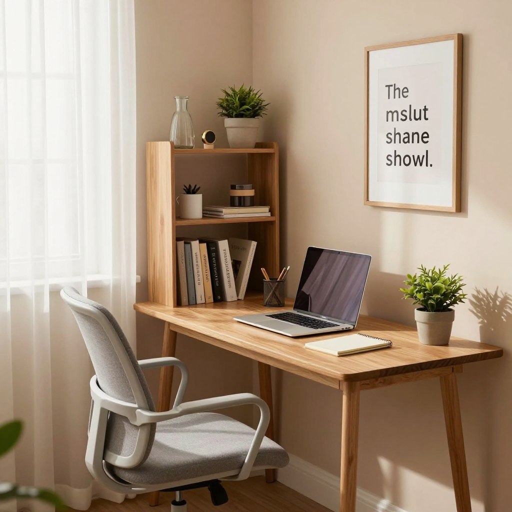 A cozy and innovative bedroom corner transformed into a compact home office workspace. In the foreground, a stylish wooden desk with a sleek laptop, a notepad, and a potted plant. A comfortable, ergonomic chair sits at the desk, designed in a contemporary style. The middle layer features a shelving unit filled with books, decorative items, and supplies, adding a personal touch. In the background, soft natural light filters through sheer curtains, illuminating the space and creating a warm ambiance. The walls are painted in a calming pastel color, enhancing the inviting atmosphere. Include a motivational wall art piece in a minimalist frame, completing the scene. The overall mood conveys productivity and creativity in a beautifully organized corner.