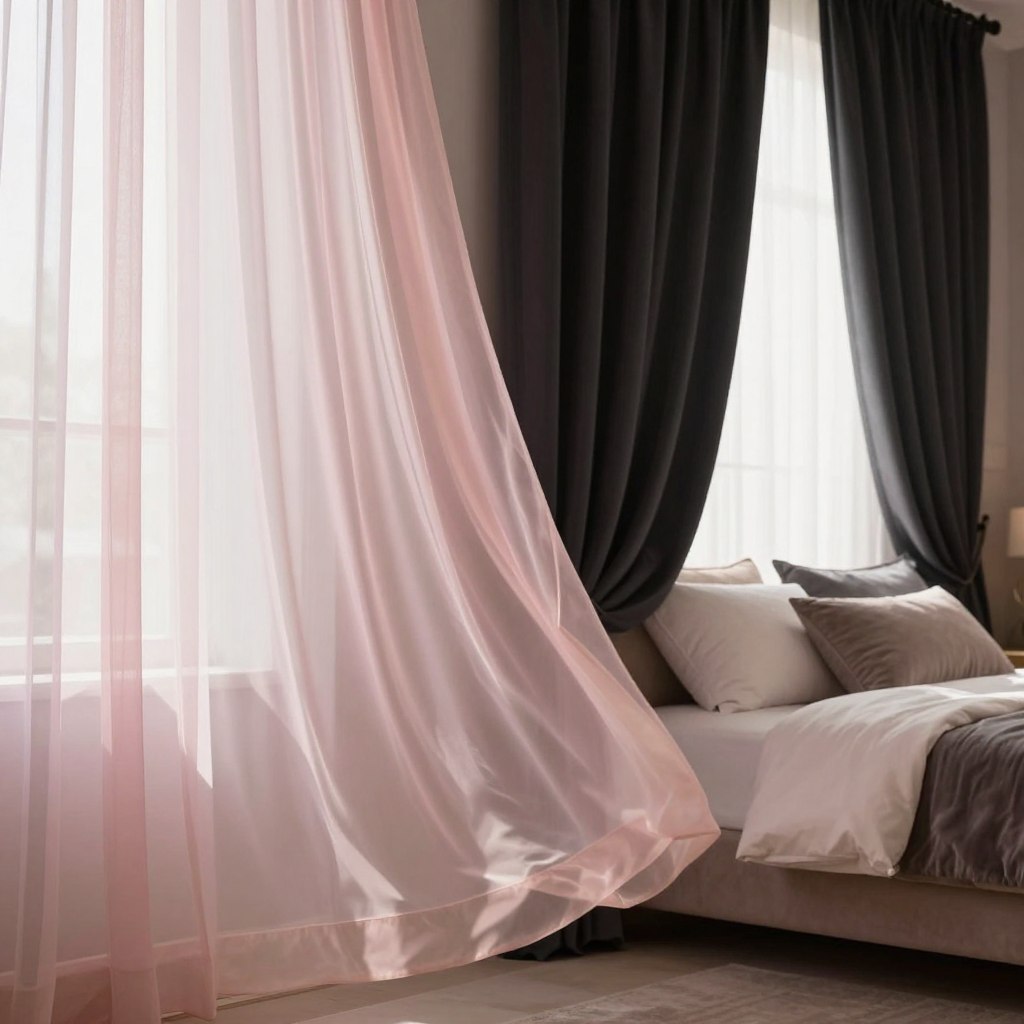 A cozy and intimate bedroom scene featuring beautifully coordinated black-out curtains and sheer curtains in soft, romantic colors. In the foreground, the elegant sheer curtains exhibit a delicate pastel hue, gently fluttering as if caressed by a soft breeze. Layered behind, the rich, dark tone of the blackout curtains contrasts beautifully, creating a cozy and inviting atmosphere. In the middle ground, a stylish bed adorned with plush pillows complements the curtains, enhancing the room's warmth. The background is softly illuminated by natural light, casting a gentle glow that highlights the color coordination, enhancing the romantic ambiance. The overall mood is serene and tranquil, perfect for a restful retreat. Focus on capturing the harmony in textures and colors without the presence of any people, ensuring a peaceful and elegant visual experience.