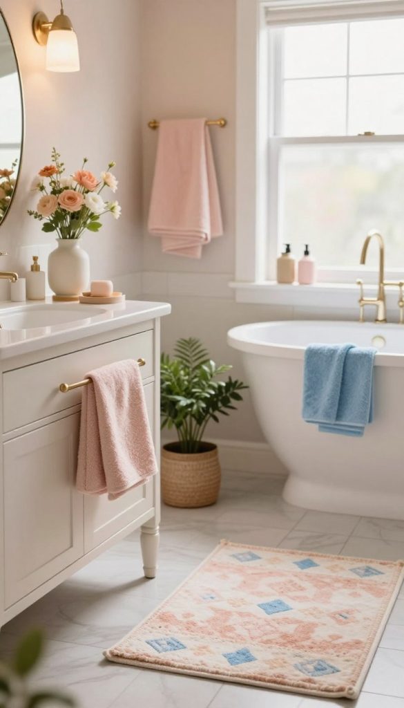 A cozy and inviting bathroom scene showcasing seasonal decorating tips for color changes. In the foreground, a stylish yet functional bathroom vanity with a variety of decor elements in soft pastels for spring, warm tones for autumn, and fresh cool blues for summer, thoughtfully arranged. The middle ground features a well-placed decorative rug and fresh towels in coordinating colors, with a small plant adding a splash of greenery. The background includes a serene window allowing natural light to flood in, highlighting the seasonal themes. Use soft, diffuse lighting for a warm atmosphere, and focus on a warm color palette. The overall mood should be refreshing and inspiring, conveying a sense of seasonal transition and budget-friendly charm.