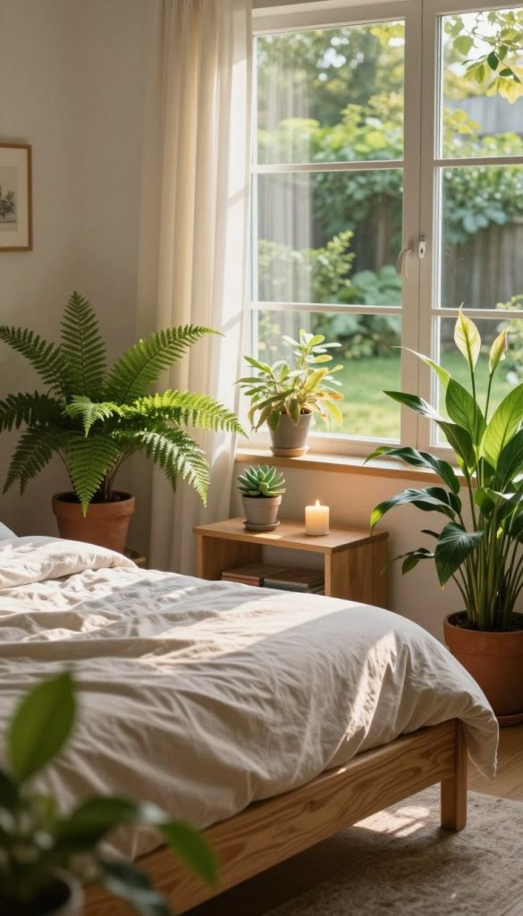 A cozy apartment bedroom featuring natural elements and lush plants, designed for a warm and relaxing vibe. In the foreground, a wooden bed with soft, neutral-toned bedding surrounded by potted greenery, including ferns and peace lilies. The middle layer showcases a bedside table adorned with a small succulent and a candle flickering gently. Bathed in soft, golden sunlight filtering through sheer curtains, the scene exudes tranquility. In the background, a large window reveals a glimpse of a serene outdoor garden, enhancing the connection to nature. The atmosphere is inviting, with a gentle play of shadows and light, creating a harmonious balance between indoor comfort and the beauty of natural elements.