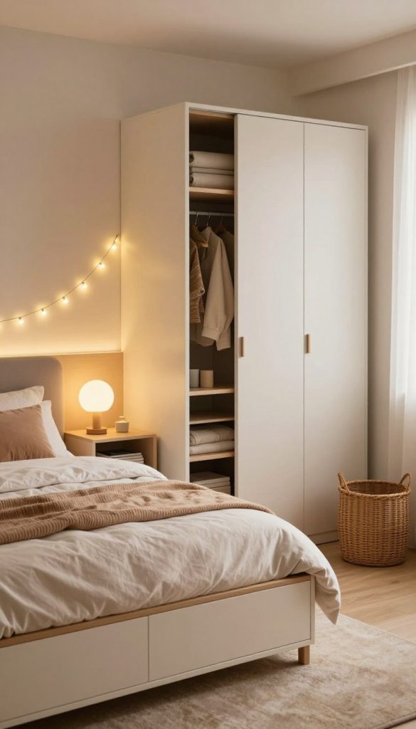 A cozy apartment bedroom featuring smart storage solutions integrated into stylish furniture. In the foreground, a sleek, modern bed with built-in drawers, adorned with soft, textured bedding and plush pillows. Beside the bed, a minimalist nightstand with hidden compartments for books and small items. In the middle, a functional yet stylish wardrobe with sliding doors, showcasing a neatly organized interior. A wicker basket in a warm corner adds texture and functionality. The background includes soft, ambient lighting from string lights draping above the bed, casting a warm glow throughout the space. The overall color palette features warm earth tones and soft pastels, evoking a relaxing and inviting atmosphere suitable for restful living. Use a soft focus lens with gentle bokeh to enhance the cozy vibe of the room.