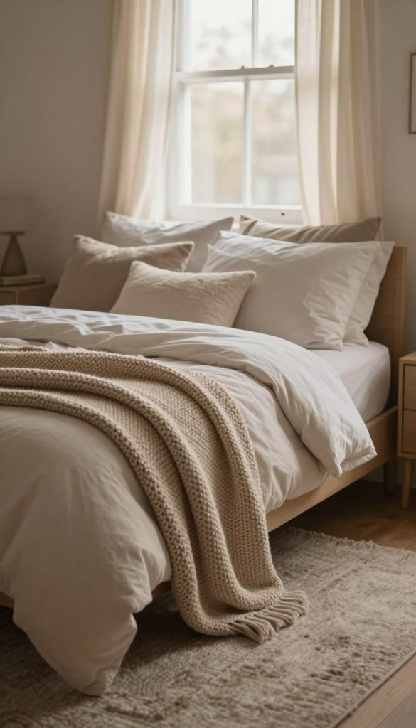 A cozy apartment bedroom scene filled with soft textiles, featuring layers of plush blankets and fluffy pillows on a neatly made bed. In the foreground, a sumptuous knitted throw drapes over the side of the bed, inviting and warm. The middle ground showcases a soft, textured area rug beneath the bed, enhancing the inviting atmosphere. In the background, a gently lit window allows soft, diffused natural light to filter in, casting a warm glow across the room. Delicate curtains frame the window, fluttering slightly in the breeze. Warm, muted colors dominate the palette, creating a sense of serenity and relaxation. The overall mood is inviting and tranquil, perfect for a cozy retreat.