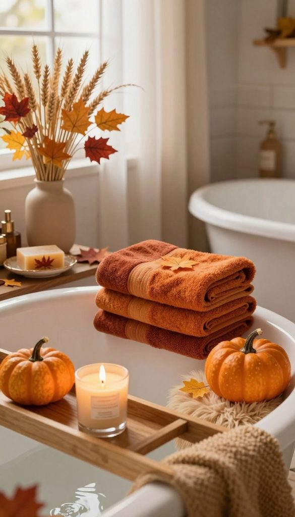 A cozy autumn bathroom decorated with warm colors, featuring rich shades of orange, rust, and gold. In the foreground, a wooden bath tray holds a fragrant candle and a small pumpkin. The middle section includes plush towels in autumn hues neatly stacked next to a decorative soap dish with fall-themed soap bars. A vase of dried wheat and colorful leaves adds a rustic touch, while a soft, fluffy rug in warm tones lays beneath a freestanding bathtub. The background showcases soft, diffused natural light streaming through a window adorned with sheer curtains, creating a tranquil and inviting atmosphere. The overall mood is warm and comforting, evoking the essence of fall.