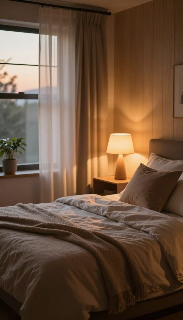 A cozy bedroom adorned with warm, inviting lighting. In the foreground, a plush, inviting bed is layered with soft, neutral-toned blankets and decorative pillows. A bedside table holds a softly glowing lamp, casting a warm amber light that creates gentle shadows across the bed. In the middle ground, a large window draped with sheer, flowing curtains allows soft dusk light to filter in, enhancing the warm atmosphere. In the background, soft wood paneling complements the warm tones, with a hint of green from potted plants adding a touch of life. The scene is bathed in a serene glow, creating a tranquil and inviting mood, perfect for relaxation. The composition is shot with a natural lens, capturing the intimate, cozy feel of a perfect retreat.