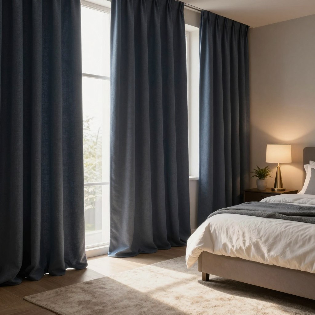 A cozy bedroom featuring thick, luxurious soundproof curtains, elegantly draped over large windows. The curtains should have a rich texture, with deep colors like navy blue or charcoal grey, creating a serene atmosphere. Soft, warm sunlight filters through the fabric, casting gentle shadows on a plush carpet below. In the background, a neatly made bed with fluffy pillows and a soft throw blanket enhances the peaceful ambiance. Elements like a bedside table with a lamp and a potted plant provide additional warmth and comfort. The overall mood is tranquil and inviting, ideal for a restful night's sleep. The image should be captured from a slightly elevated angle, emphasizing the layers of fabric and inviting interior design.