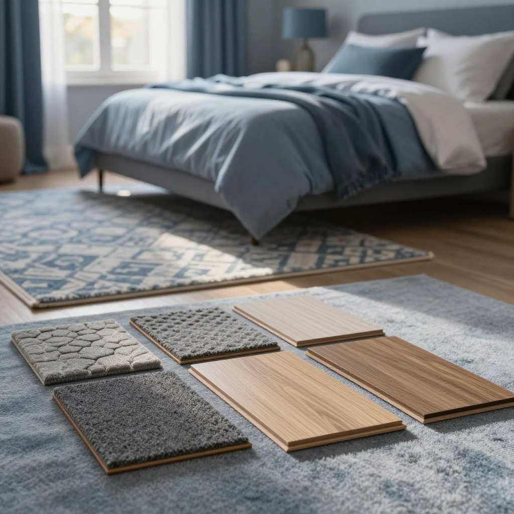 A cozy bedroom interior showcasing various soundproof flooring options designed to block impact noise. In the foreground, display samples of flooring materials such as thick carpets, acoustic underlays, and vinyl planks, arranged neatly on a soft, inviting surface. The middle ground features an elegant bed with plush bedding, accompanied by a stylish area rug to enhance sound absorption. The background hints at a serene window view, filtered sunlight casting a warm glow, creating a peaceful atmosphere. The room's color palette is calming with soft blues and muted earth tones, emphasizing tranquility and comfort. The overall composition should inspire a sense of quiet and relaxation, ideal for promoting a restful night's sleep.