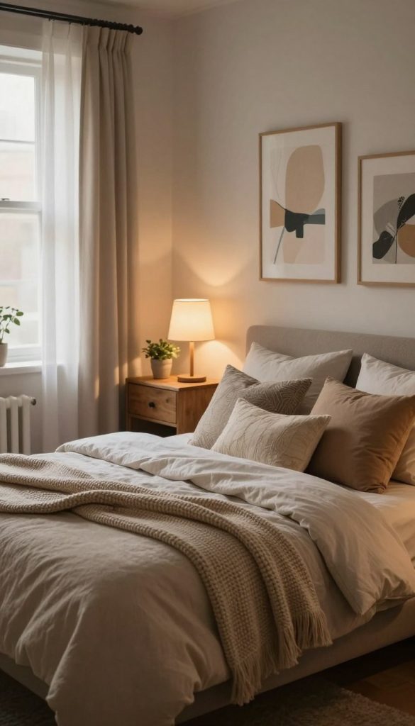 A cozy bedroom retreat awaits, featuring a softly lit interior with warm, inviting tones. In the foreground, a plush, oversized bed dressed in layered, textured blankets and an assortment of decorative pillows boasts a knitted throw at the foot. Nearby, a rustic wooden nightstand holds a glowing bedside lamp with a gentle, warm light, and a small potted plant adds a touch of greenery. In the middle ground, art pieces adorn the walls—soft abstract paintings in muted colors and framed photographs creating a personal touch. The background reveals a window draped with sheer curtains, allowing soft natural light to filter in, casting delicate shadows. Overall, the mood is serene and tranquil, designed for relaxation and personal comfort, evoking a feeling of warmth and homeliness.