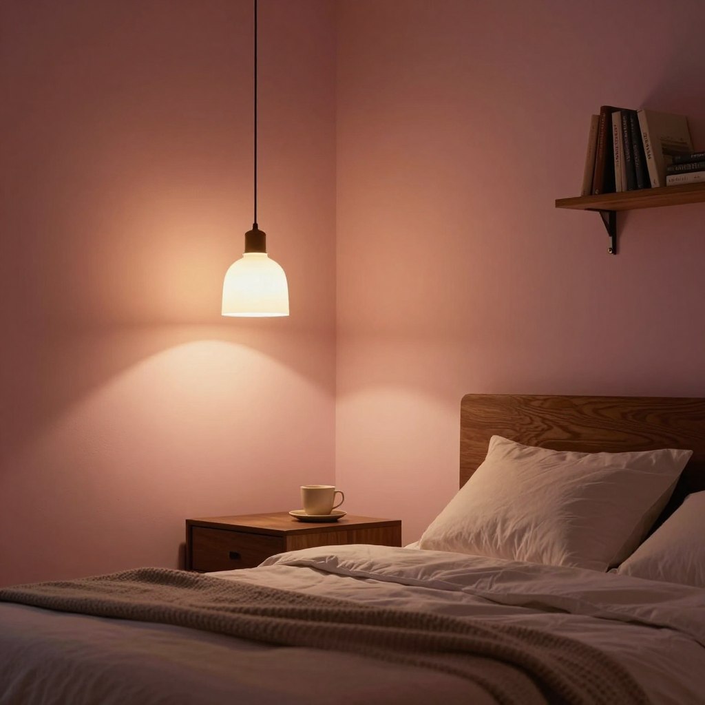A cozy bedroom scene featuring two distinct bedside lighting options: a stylish pendant light hanging gracefully from the ceiling on one side, and a modern wall sconce mounted beside the bed on the other. The pendant light emits a warm, inviting glow that casts soft shadows across the room, while the sconce provides focused illumination, perfect for nighttime reading. The bed is neatly made with plush pillows and a textured throw blanket, adding to the intimate atmosphere. Rich wooden furniture and soft pink walls create a calming ambiance, enhanced by a small bookshelf in the background with neatly arranged books. The scene is captured with a slight downward angle, emphasizing the height of the pendant and the proximity of the sconce, creating a visually striking contrast. The overall mood is serene and inviting, ideal for a relaxing bedroom setting.