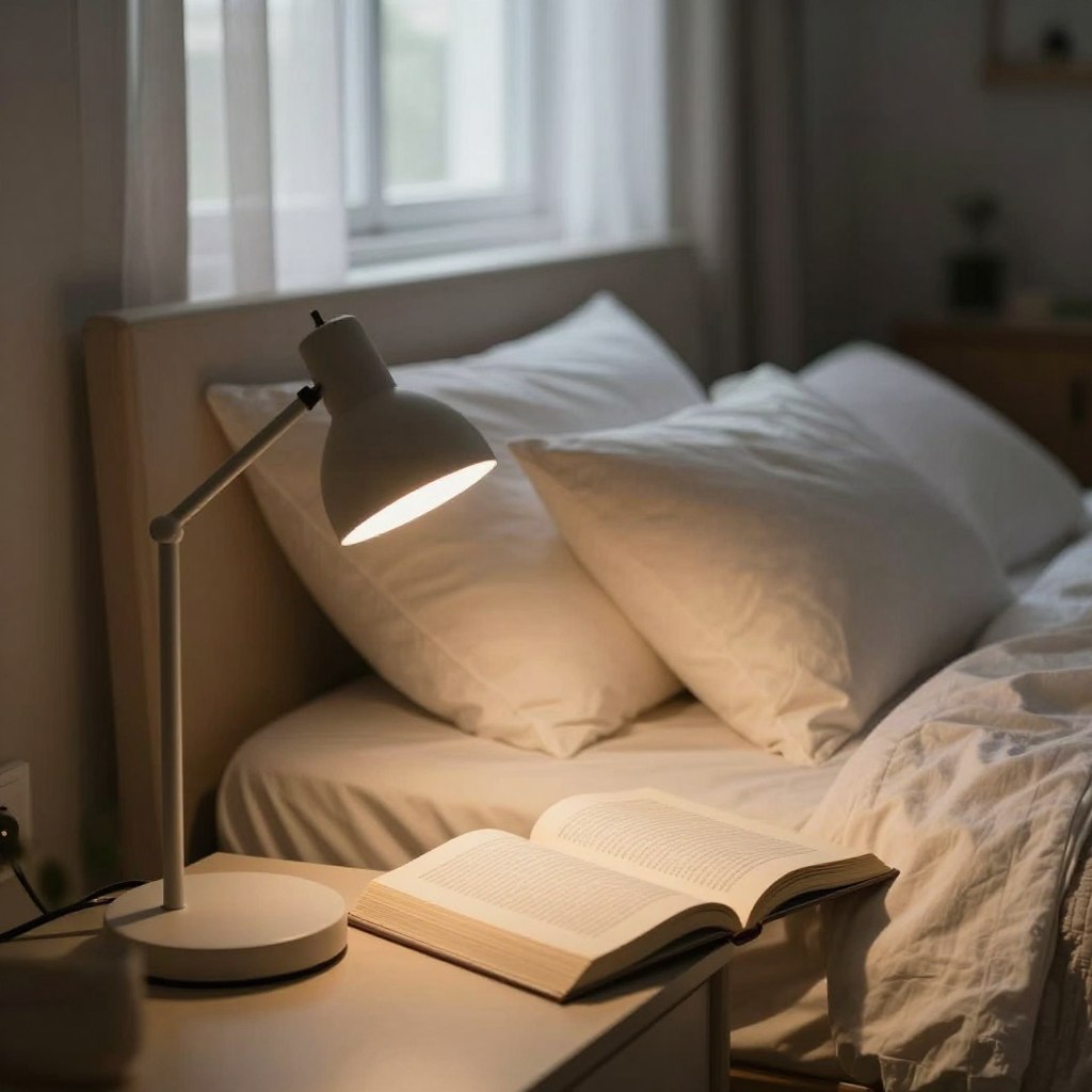 A cozy bedroom scene showcasing optimal reading light placement. In the foreground, a stylish reading light mounted on a bedside table, angled away from a sleeping area, emits a warm, soft glow, illuminating an open book. The middle section features a comfortable bed with plush pillows neatly arranged, emphasizing a serene sleep zone. The background features a softly lit window with sheer curtains, allowing gentle daylight to filter in, creating a calming atmosphere. The overall mood is tranquil and inviting, with a focus on creating the perfect reading environment without disturbing a partner. The scene should capture the essence of peaceful coexistence in shared spaces with no visible people.