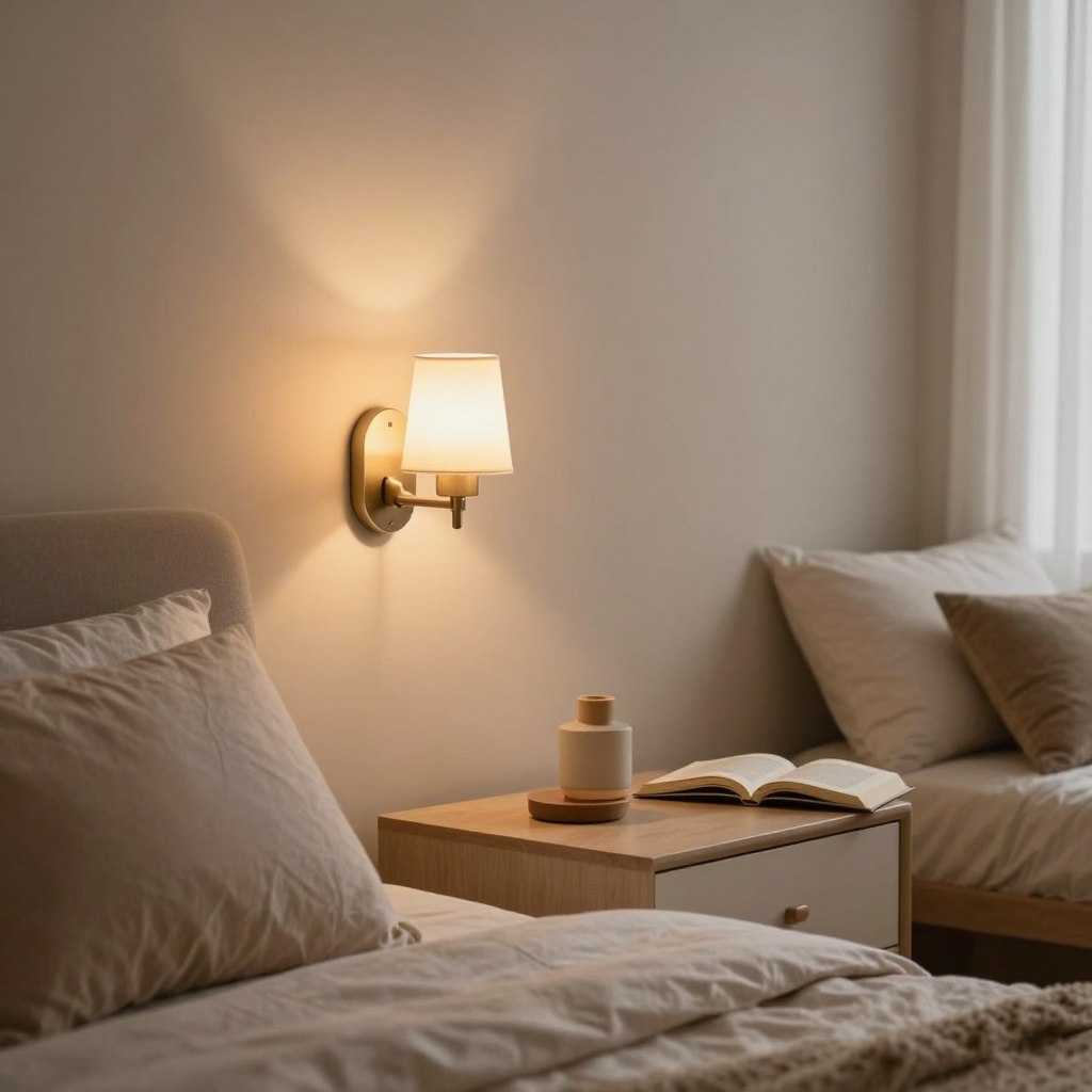 A cozy bedroom setting featuring elegantly designed bedside sconces, ideal for reading and task lighting. The sconces are affixed to a soft beige wall, casting a warm, inviting glow over a neatly made bed adorned with light-colored linens and decorative pillows. On the bedside table, a stylish lamp and an open book are positioned, hinting at a serene reading nook. The room is softly illuminated in the late afternoon light filtering through sheer curtains, creating a tranquil atmosphere. The photo captures a close-up view focusing on the sconces, highlighting their intricate details and warm light, while maintaining a blurred background that suggests a comforting space. The overall mood is peaceful, perfect for illustrating the functionality and practicality of bedside sconces in modern home decor.