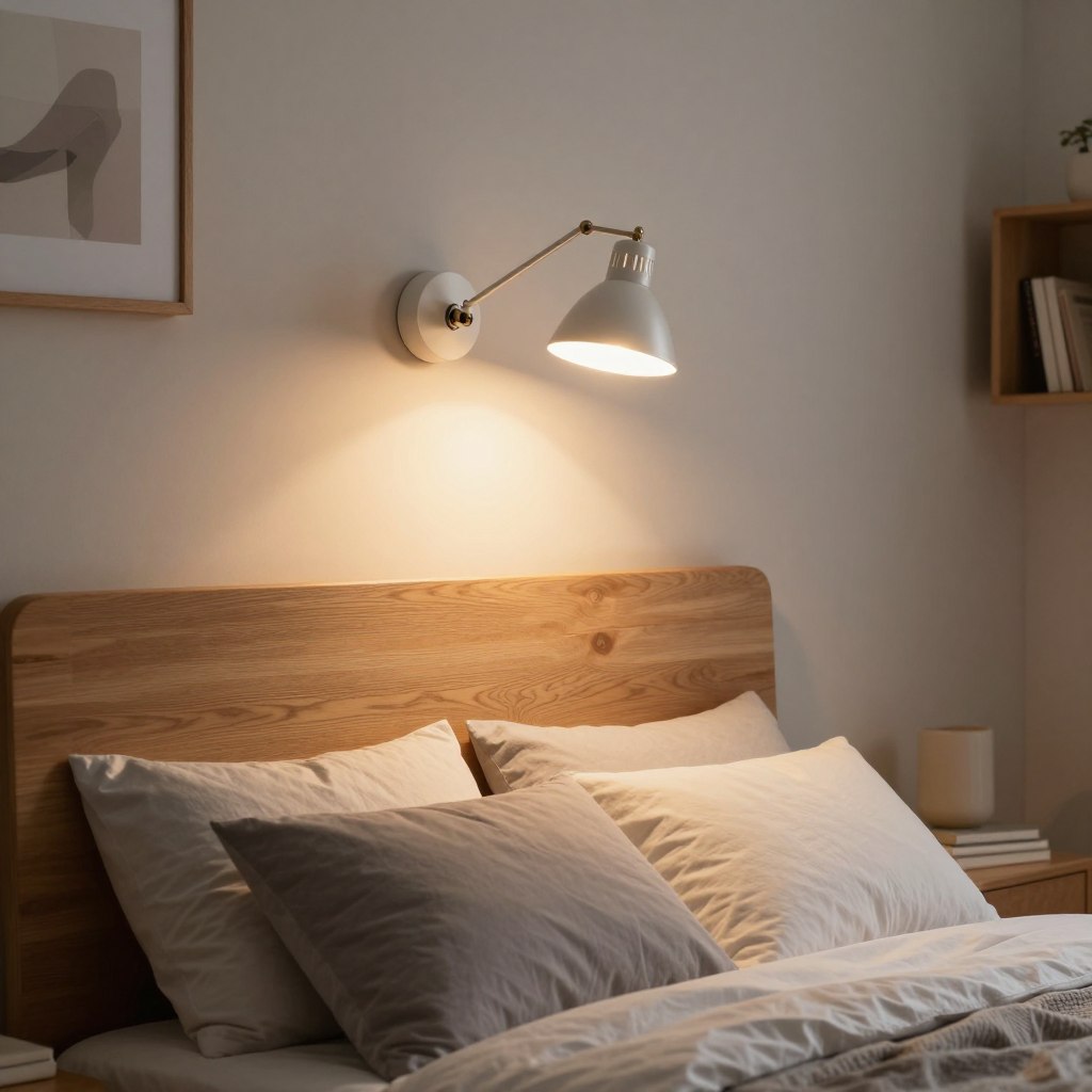A cozy bedroom setting focused on the installation of wall-mounted swing arm reading lights above a neatly made headboard. The foreground features a beautifully textured wooden headboard, elegantly adorned with soft, muted gray and white bedding. In the middle, the swing arm lights are articulately designed, casting a warm, inviting glow that illuminates the area around the bed, creating a perfect environment for reading. The background is softly blurred, showcasing a neutral-colored wall with tasteful decor items like framed abstract art and a small bookshelf. The lighting is soft and dynamic, resembling the golden hour, enhancing the tranquil atmosphere of the space, perfect for reading without disturbing a partner. The scene is captured from a slightly angled perspective, emphasizing both the bed and the lighting.