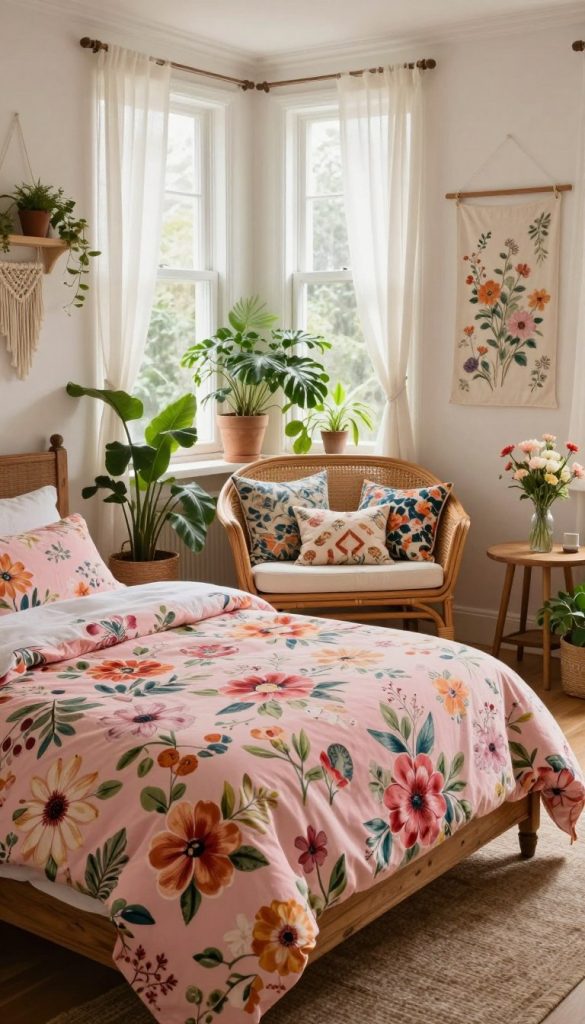 A cozy bohemian bedroom designed with natural elements and vibrant floral prints. In the foreground, a plush, pink floral bedding set featuring large blooms in soft pastel colors is artfully arranged on a vintage wooden bed frame. The middle ground showcases a woven rattan chair adorned with an array of patterned throw pillows, surrounded by lush green potted plants that bring the outdoors in. In the background, large windows draped with sheer white curtains allow warm, natural light to fill the room, casting soft shadows. Decorations include hanging macramé, a wall tapestry with delicate floral designs, and a wooden bedside table with a small vase of fresh flowers. The overall atmosphere exudes tranquility and creativity, perfect for inspiring a fresh, modern vibe.