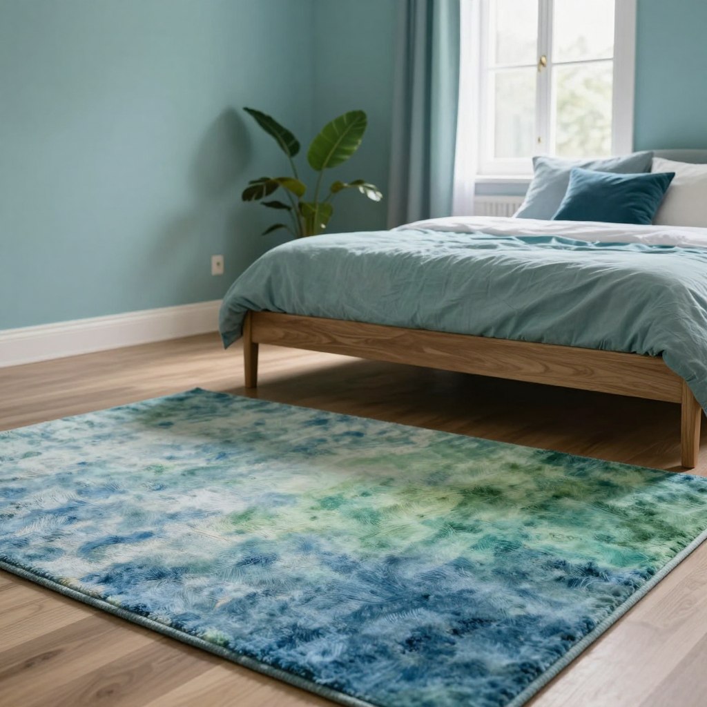 A cozy, elegantly designed bedroom featuring a variety of rug color schemes that celebrate analogous colors. In the foreground, a plush area rug merges soft shades of blue and green, harmoniously woven with subtle gradients. In the middle, a sleek wooden bed frame is complemented by wall decor in soothing aqua and leafy greens, enhancing the serene atmosphere. The background shows soft, natural light pouring in from a window adorned with sheer curtains, casting gentle shadows throughout the space. The overall mood is one of subtle sophistication, inviting relaxation and tranquility. The composition should capture the beauty and richness of color coordination without the presence of any people, focusing solely on the harmonious interplay of hues within the bedroom setting.