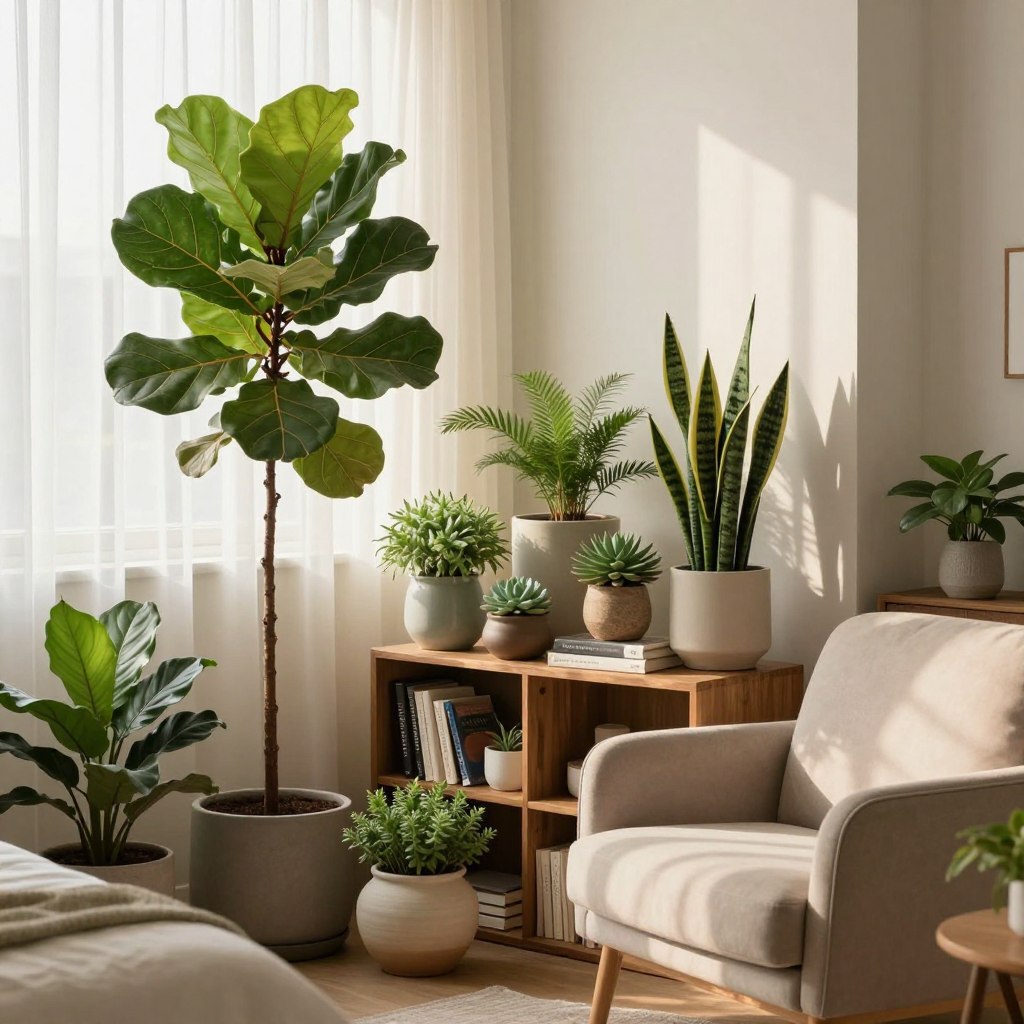 A cozy indoor plant corner design in a master bedroom, showcasing a variety of lush green plants in stylish ceramic pots. In the foreground, a tall fiddle leaf fig tree stands prominently beside a comfortable armchair with soft, neutral-colored upholstery. The middle layer features a mix of smaller plants, such as succulents and snake plants, arranged on a wooden bookshelf filled with books and decorative items. The background includes a large window with sheer curtains allowing soft, diffused sunlight to filter in, creating a warm and inviting atmosphere. The scene is shot with a slightly elevated angle, emphasizing the balance of nature and comfort, while the overall mood conveys serenity and a touch of nature indoors.