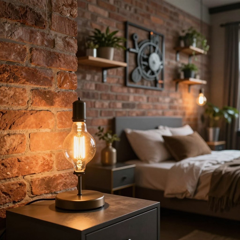 A cozy industrial-style bedroom featuring warm Edison bulb lighting as a focal point. In the foreground, a stylish nightstand with a vintage feel is adorned with a glowing Edison bulb lamp. The middle ground showcases an exposed brick wall adorned with metal wall art and wooden shelves holding decorative plants. The lighting is soft and ambient, casting warm hues throughout the scene, emphasizing the textures of the brick and the warmth of wood accents. In the background, a comfortable bed with neutral-toned bedding invites relaxation, flanked by industrial-style bedside tables. The overall atmosphere is inviting and creative, perfect for modern urban living, with a depth of field that highlights intricate details of the Edison bulb and its golden glow, captured at a slightly angled perspective for added dynamism.