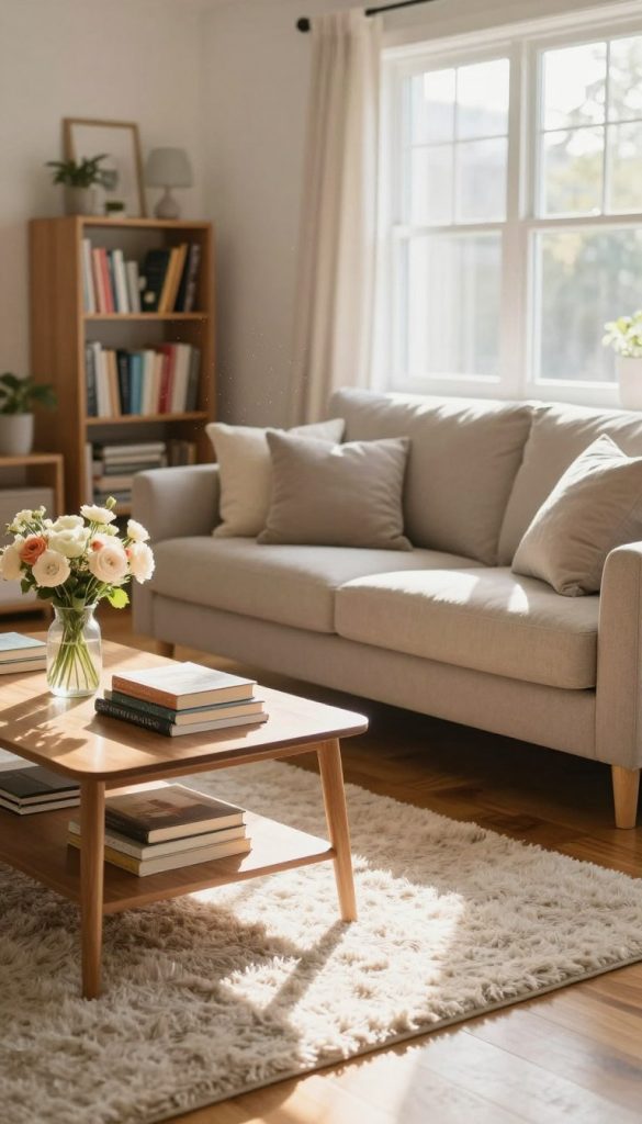 A cozy living room and family room showcasing a thorough whole-house cleaning scene. In the foreground, a neatly arranged coffee table with fresh flowers and a stack of books, alongside a soft, fluffy rug on polished hardwood floors. The middle ground features a plush sofa with neatly arranged cushions, and a well-organized bookshelf filled with colorful books and decor items. In the background, large windows allow natural sunlight to flood the room, illuminating dust particles in the air, creating a warm and inviting atmosphere. Soft shadows add depth to the scene, emphasizing cleanliness and comfort. The lighting is bright and cheerful, suggesting a refreshing morning. The overall mood is serene and organized, inspiring a sense of relaxation and clarity.