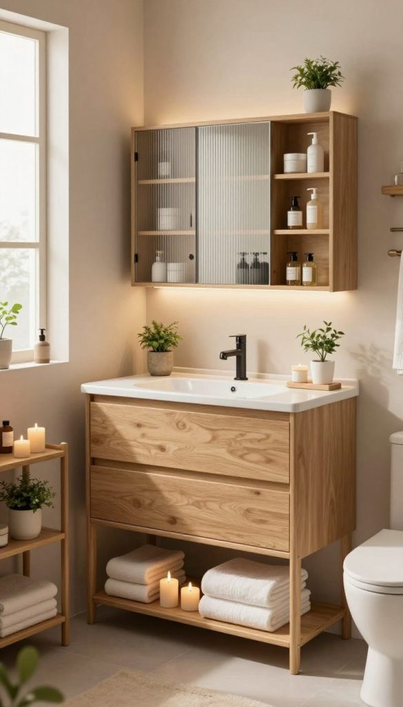 A cozy, modern small bathroom featuring an array of stylish storage solutions. In the foreground, a sleek wooden shelving unit holds neatly arranged towels, candles, and small potted plants, creating a warm and inviting atmosphere. The middle layer showcases a floating vanity with integrated storage drawers, accentuated by elegant, soft under-cabinet lighting that casts a gentle glow. In the background, a wall-mounted cabinet with decorative glass doors displays neatly stored toiletries and bath accessories, maintaining a minimalist aesthetic. Soft natural light filters in through a frosted window, enhancing the serene, clutter-free ambiance. The overall mood is one of calm sophistication, blending functionality with contemporary design.