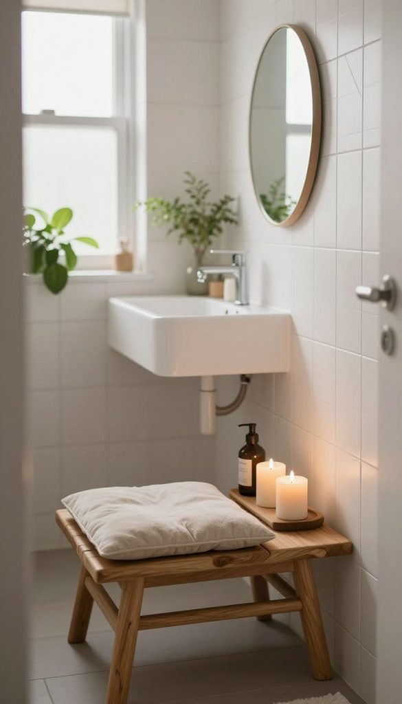 A cozy, modern small bathroom showcasing a stylish wooden bench designed for compact spaces. The bench is positioned against a sleek, white-tiled wall, adorned with subtle geometric patterns. In the foreground, the warm-toned bench features soft, plush cushions for comfort, while a few decorative toiletries and candles rest atop it. The middle ground reveals a minimalist floating vanity with a round mirror above, reflecting the ambient light. In the background, soft, natural light streams through a frosted window, creating a serene and inviting atmosphere. A lush green plant is placed in the corner, adding a touch of freshness. The overall ambiance is calming and elegant, perfect for a tranquil bathroom retreat. Use a soft focus lens to enhance the cozy feel while keeping the details sharp.
