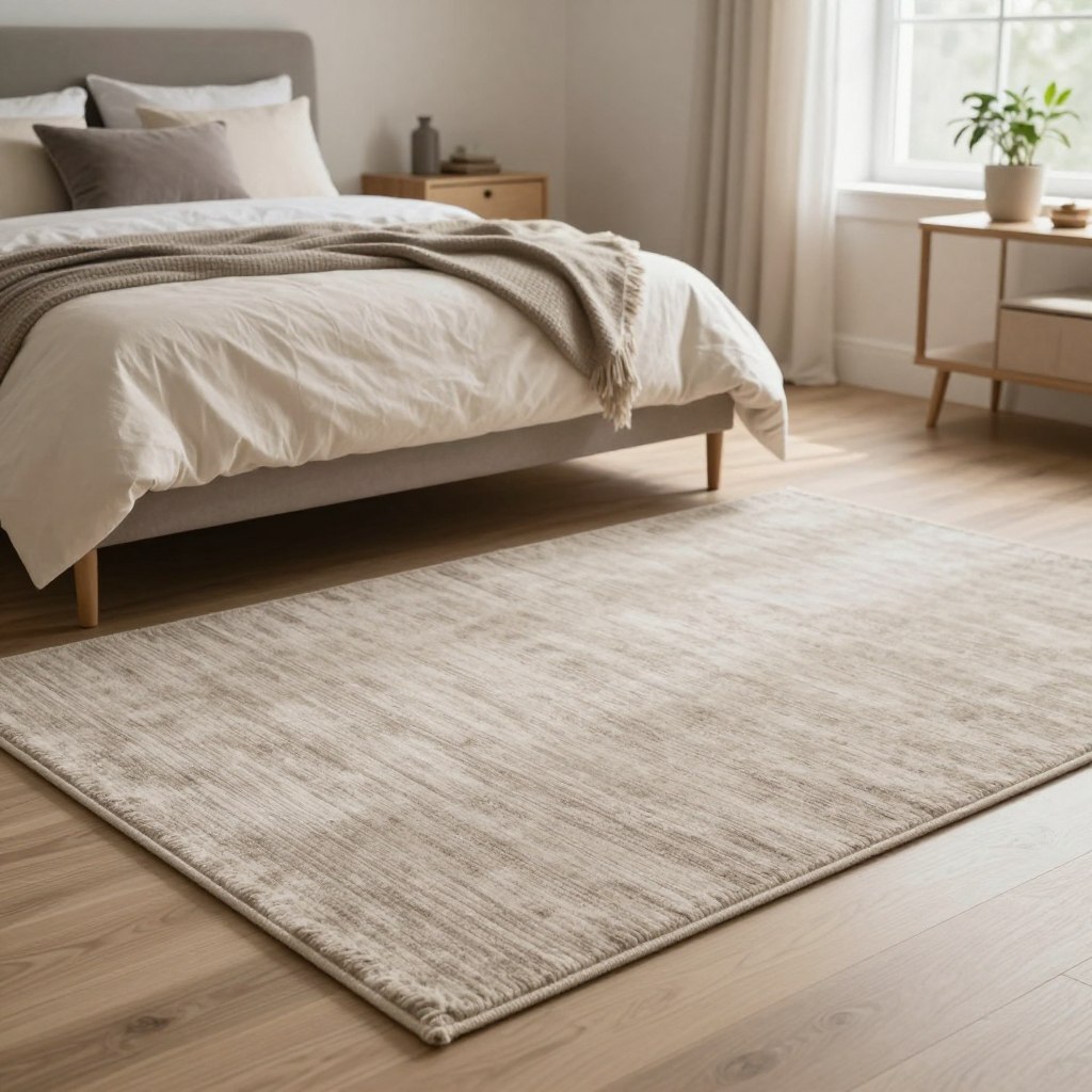A cozy, neutral-toned bedroom featuring a stylish area rug that embodies the latest color trends. In the foreground, a plush, textured rug in soft beige with subtle undertones of taupe sprawls across a light hardwood floor. The middle ground displays a beautifully made bed dressed in muted earth tones, complemented by decorative pillows in varying shades of cream and gray. Natural light streams in from a nearby window, casting gentle shadows that enhance the room's serene atmosphere. The background includes soft-focus elements like a minimalistic wooden nightstand and a potted plant, adding an organic touch. The overall mood conveys tranquility and modern elegance, highlighting the rug as a universal foundation piece that ties the room together.