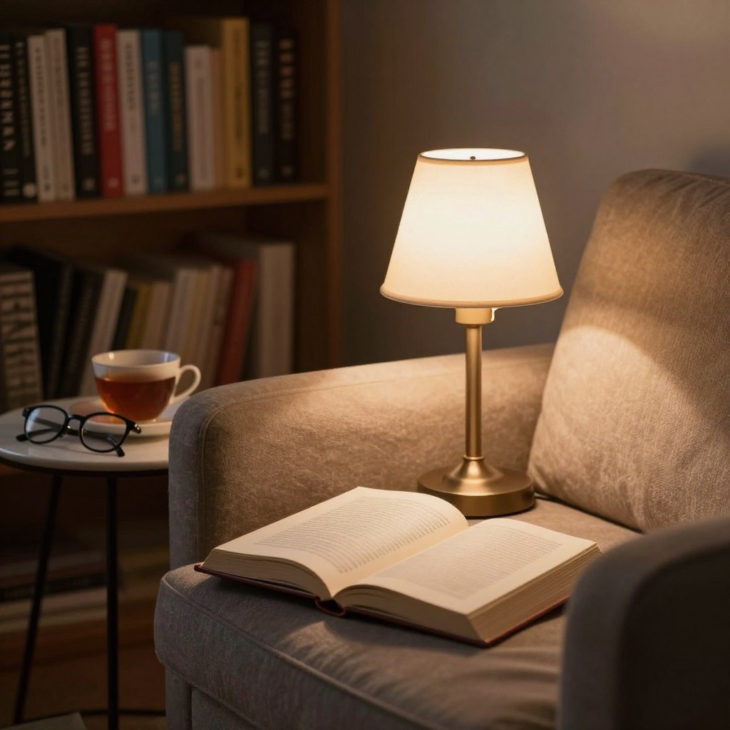 A cozy reading nook bathed in warm, soft light emanating from a strategically positioned reading lamp. In the foreground, the lamp is highlighted, casting a gentle glow on an open book on a plush armchair. In the middle ground, a stylish side table holds a cup of tea and a pair of reading glasses, enhancing the inviting atmosphere. The background features a softly blurred bookshelf filled with colorful novels, contributing to the scholarly ambiance. The light creates a serene, intimate mood, ideal for couples, emphasizing the importance of light direction in shared spaces. Use a warm color palette with natural tones, and create a slight vignette effect to focus attention on the reading area, ensuring clarity and softness in the overall composition.