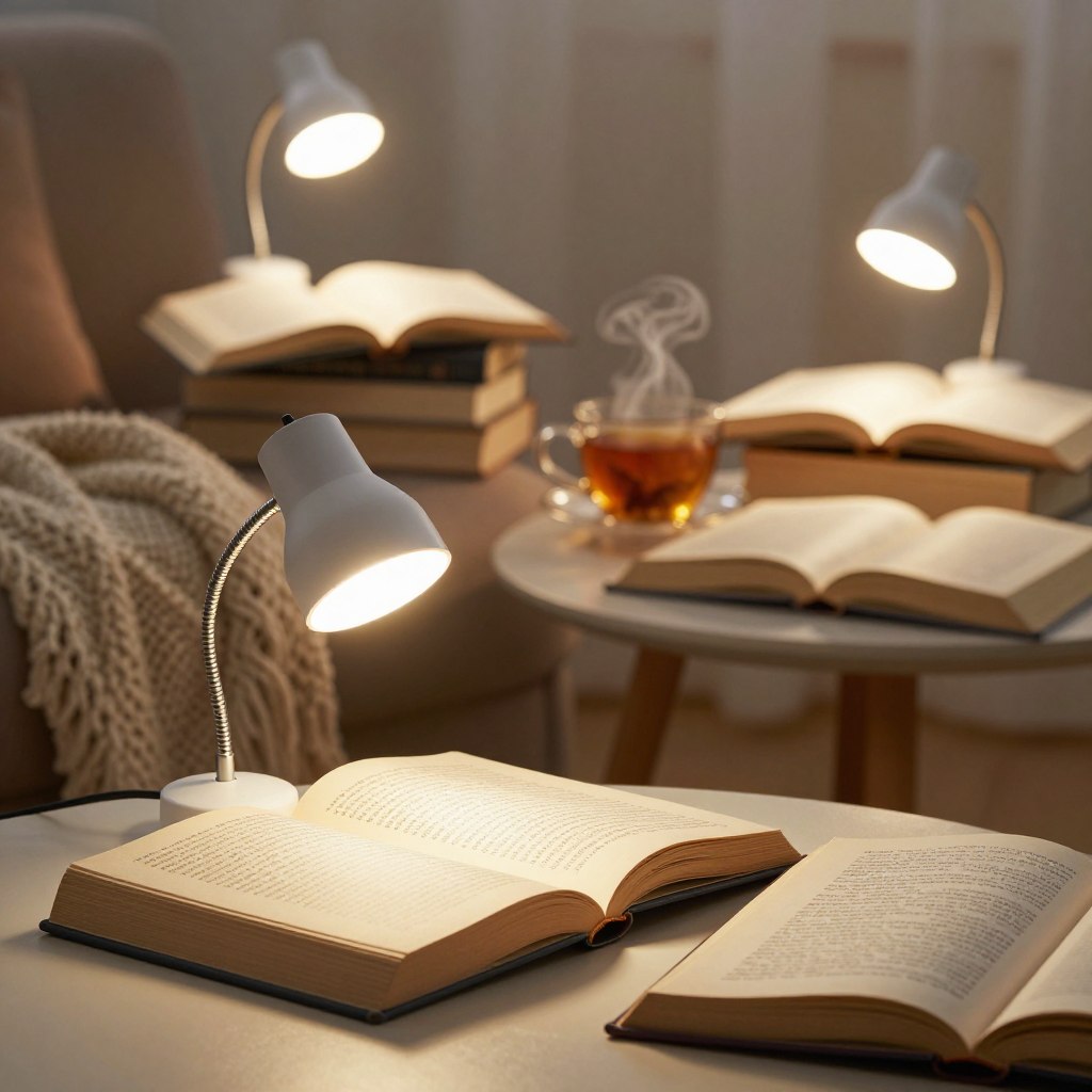 A cozy reading nook featuring several clip-on book lights, each illuminating individual open books with a warm, gentle glow. In the foreground, focus on a sleek, modern clip-on light attached to the edge of a hardcover book, showcasing its flexible neck and soft LED light. The middle ground displays a small, stylish side table cluttered with more books and a steaming cup of herbal tea, enhancing the reading ambiance. The background features a soft, blurred view of a plush armchair draped with a knitted blanket, suggesting comfort and relaxation. The lighting is soft and inviting, creating a tranquil atmosphere perfect for nighttime reading without disturbing others. The overall mood is serene and peaceful, ideal for an intimate reading experience.
