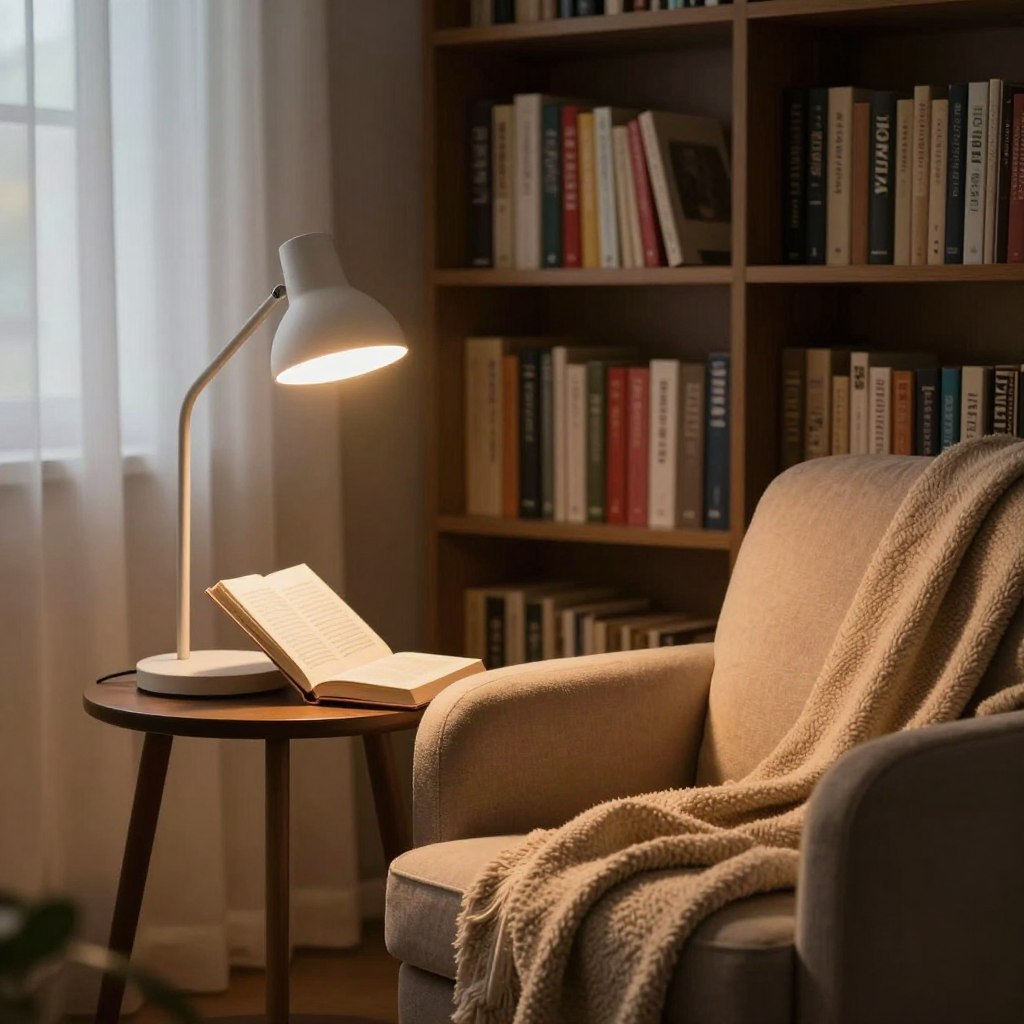 A cozy reading nook illuminated by strategic lighting. In the foreground, a soft, plush armchair draped with a warm blanket faces a small side table, where a sleek, modern reading lamp casts a warm glow. The light source is positioned at a 45-degree angle, illuminating an open book placed on the table. In the middle ground, a stylish bookshelf filled with colorful novels creates an inviting backdrop. The background features a softly lit window with sheer curtains, allowing gentle natural light to filter in, enhancing the warm atmosphere. The overall mood is tranquil and conducive to reading, with soft shadows contrasting the inviting light, emphasizing the optimal placement for reading lights without disturbing others.