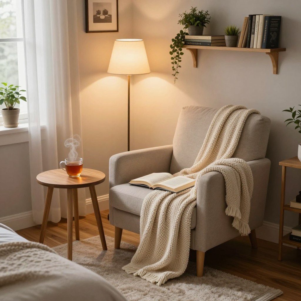A cozy reading nook in a master bedroom corner, featuring a plush armchair draped with a soft knitted blanket. There’s a small wooden side table with a steaming cup of tea and an open book resting on it. The warm glow of a floor lamp casts gentle light over the space, illuminating the pages and creating a serene atmosphere. The walls are adorned with delicate shelves filled with books and potted plants, adding life to the scene. The flooring is a warm hardwood, complemented by a soft area rug beneath the chair. In the background, a window with sheer curtains allows soft natural light to filter in, enhancing the inviting mood. Capture the scene from a slightly elevated angle to showcase the nook’s cozy charm.