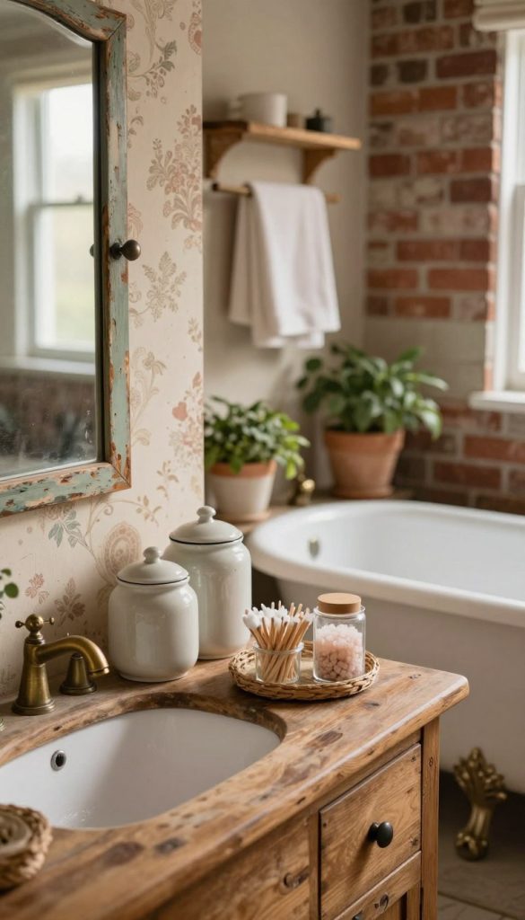 A cozy rustic bathroom setting showcasing vintage-inspired accessories. In the foreground, a weathered wooden vanity adorned with antique brass faucets and a distressed mirror reflects soft, warm light. Nestled on the vanity, a collection of ceramic jars, woven baskets, and glass apothecary containers filled with cotton swabs and bath salts exude charm. In the middle ground, a clawfoot bathtub surrounded by potted greenery and rustic towel racks made of reclaimed wood. The background features exposed brick walls and vintage wallpaper accents, enhancing the nostalgic feel. Utilize soft, natural lighting resembling late afternoon sun, with a slightly blurred focus to create a serene and inviting atmosphere, evoking a sense of timeless elegance.