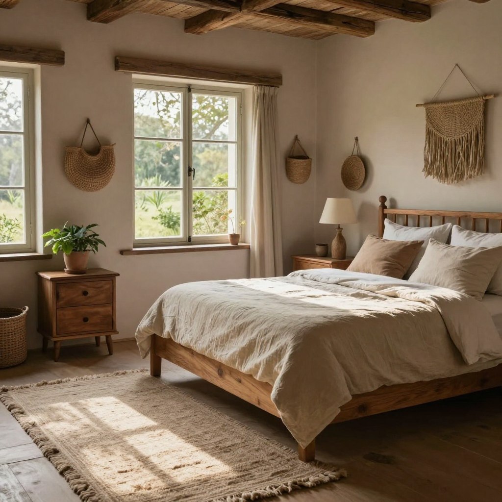 A cozy rustic bedroom inspired by earthy luxury, featuring a warm wooden bed frame with soft, natural linen bedding in neutral tones. The foreground showcases a textured wool rug and a handcrafted wooden nightstand adorned with a small potted plant. In the middle, a large vintage window allows soft, diffused sunlight to filter in, casting gentle shadows across the room, enhancing the inviting atmosphere. The walls are adorned with rustic wooden panels and natural fiber accents like woven baskets. In the background, lush greenery is visible through the window, blending the indoor space with the serene outdoors. The overall mood is calming and serene, inviting relaxation and a connection with nature, perfect for a luxurious retreat. Use natural lighting to emphasize warmth and tranquility, with a slightly wide-angle view to capture the spaciousness.