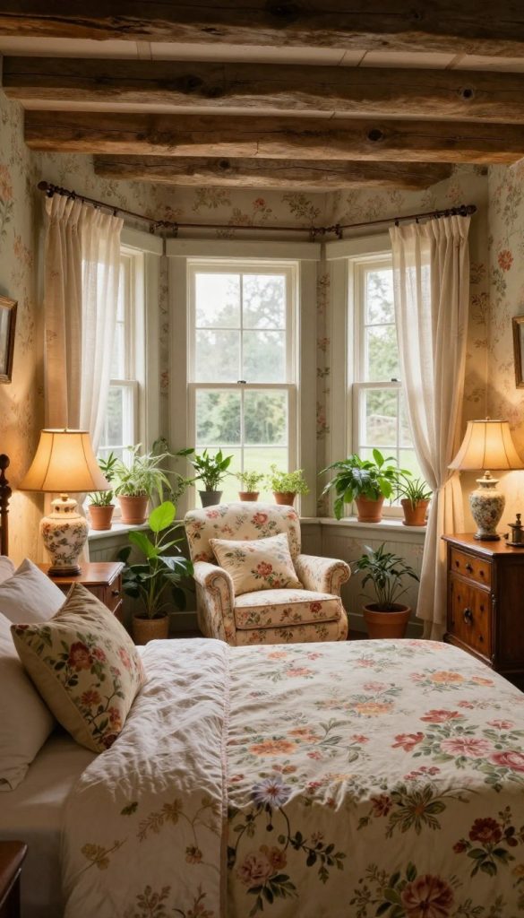 A cozy rustic farmhouse bedroom filled with soft, natural light streaming through large windows adorned with sheer linen curtains. The foreground showcases a beautifully made bed with a vintage floral quilt in warm pastel tones, complemented by floral-patterned pillows. On either side of the bed, antique wooden nightstands hold delicate ceramic lamps with soft, warm glows. The middle layer features a comfortable armchair upholstered in a coordinating floral fabric, surrounded by lush potted plants. In the background, rustic beams create an inviting ceiling, and a muted floral wallpaper adds texture to the walls. The scene exudes a serene, charming atmosphere, perfect for showcasing vintage floral elegance in a high-end design.