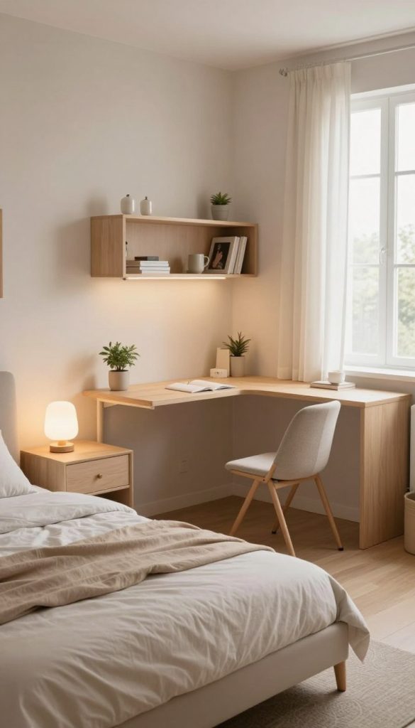A cozy small apartment bedroom featuring a modern, space-saving design. In the foreground, a sleek, multi-functional bed with built-in storage underneath and minimalist bedding in soft neutral tones. To the sides, a compact nightstand with a small lamp and a decorative plant adds warmth. In the middle, an efficient arrangement of space-saving furniture, including a wall-mounted desk and a foldable chair, complementing the overall layout without crowding. The background reveals a softly lit window adorned with light, airy curtains allowing natural sunlight to illuminate the room. The walls are painted in calming pastel hues, enhancing the serene atmosphere. The image captures a stylish and functional small space, ideal for apartment living, emphasizing practical design and aesthetic appeal.