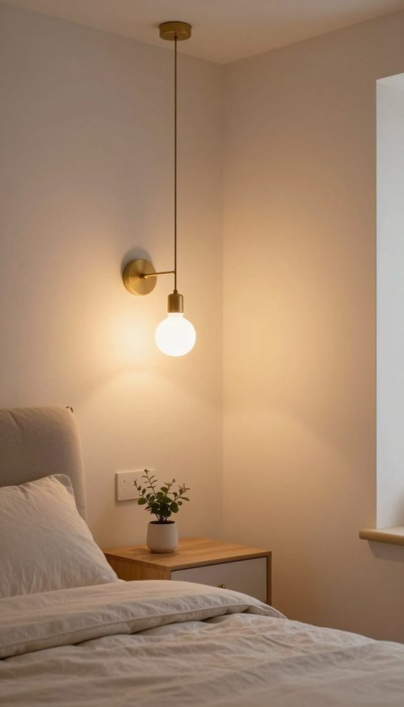 A cozy small bedroom featuring layered illumination techniques, showcasing elegant wall sconces and stylish pendant lighting. In the foreground, exquisite decorative elements like a soft bedspread and bedside table adorned with a small plant create a welcoming atmosphere. The middle of the room highlights the warm glow of wall sconces, casting gentle shadows and providing a sense of depth, alongside a chic pendant light hanging above. The background features subtle pastel-colored walls that enhance the feeling of space. Soft, ambient lighting fills the room, creating a tranquil and inviting mood. The angle captures the full essence of the design, emphasizing the harmonious blend of light sources, enhancing the interior decor without clutter, while maintaining an airy, spacious feel.
