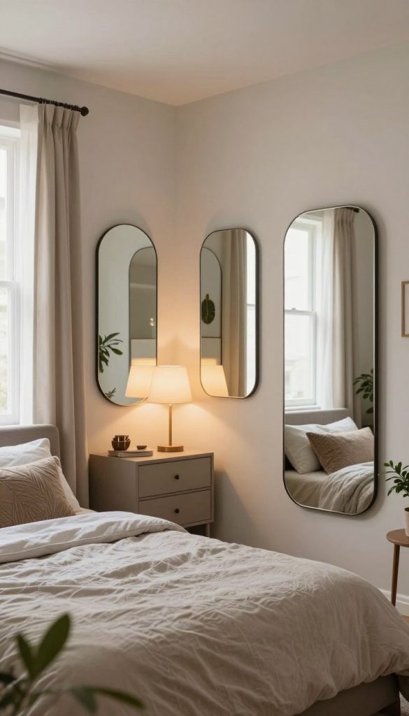 A cozy small bedroom featuring strategic mirror placements to enhance openness, showcasing a variety of reflective surfaces. In the foreground, a stylish double bed with a soft, textured duvet and decorative pillows. The middle section includes wall-mounted mirrors of different shapes and sizes, positioned to reflect light, creating a brighter ambiance, along with a small, elegant dresser. In the background, a window with sheer curtains that allow natural light to filter in, enhancing the warmth of the room. Soft, ambient lighting highlights the mirrors and furniture, adding a serene and inviting atmosphere. The color palette consists of light, neutral tones with touches of greenery from potted plants, emphasizing a stylish, airy feel.
