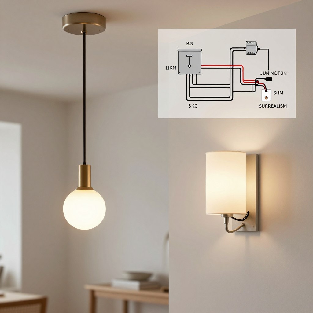 A detailed illustration showcasing the installation wiring requirements for pendant lights and wall sconces. In the foreground, depict two distinct lighting fixtures: a modern pendant light hanging from the ceiling, showcasing its wires and connectors, and a stylish wall sconce mounted on a wall, revealing its wiring setup. In the middle ground, include a clear diagrammatic representation of wiring paths and connections for both types of fixtures, highlighting key installation points like junction boxes and power sources. The background should feature a softly lit interior room setting, emphasizing the contrast between ambient light from the pendant and the focused light from the sconce. The mood is informative and professional, with a clean, modern aesthetic, ensuring no people are present in the image.