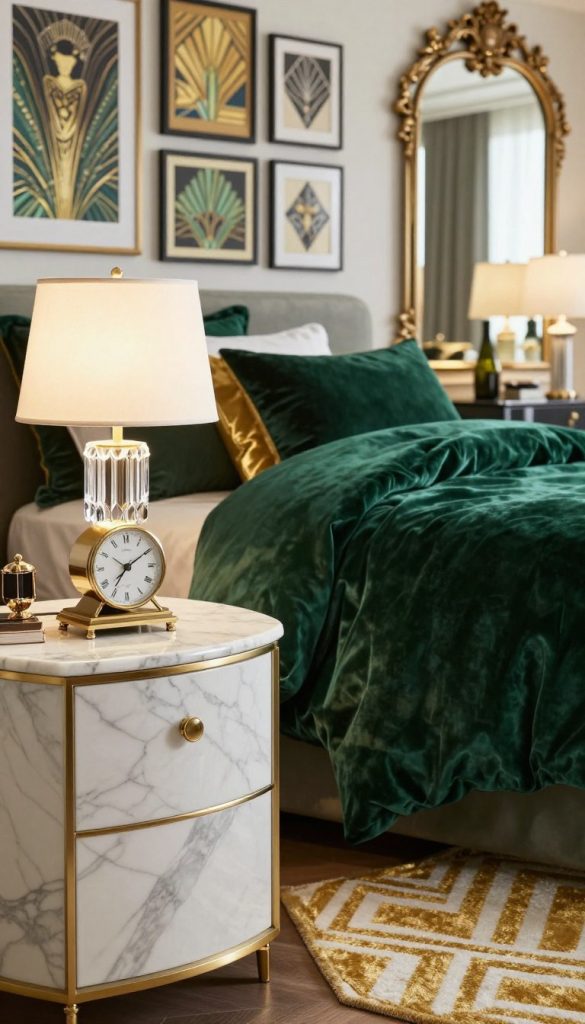 A luxurious Art Deco bedroom scene featuring elegant accessories. In the foreground, showcase a polished marble bedside table adorned with a stylish vintage clock and a sleek crystal lamp emitting soft, warm light. The middle section includes a sumptuous velvet duvet in deep emerald green, layered with gold-trimmed throw pillows. A geometric-patterned area rug in rich shades of gold and white enhances the opulence. In the background, highlight a gallery wall with framed art deco prints and a large ornate mirror reflecting soft ambient light, creating depth. Utilize a soft focus lens to emphasize the textures of marble and velvet, while the overall atmosphere exudes sophistication and glamour. Bright, inviting lighting should create a warm and luxurious mood, ideal for a chic modern space.
