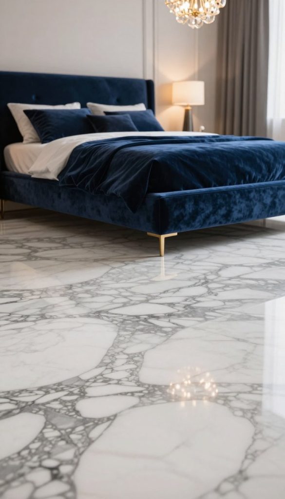 A luxurious bedroom featuring gleaming marble flooring, showing intricate veining in shades of white, grey, and black. The marble stretches across the foreground, creating a sense of elegance and space. In the middle ground, there is a beautifully upholstered velvet bed in a rich deep navy blue, with plush cushions arranged for comfort. The velvet contrasts with the cool marble, enhancing the opulence of the design. The background includes soft, ambient lighting from a sophisticated chandelier that casts warm glows, creating a cozy atmosphere. The walls are adorned with minimalistic artwork, maintaining a modern aesthetic. The overall mood is sophisticated, inviting, and distinctly luxurious, illustrating a perfect blend of marble and velvet for a contemporary bedroom look.