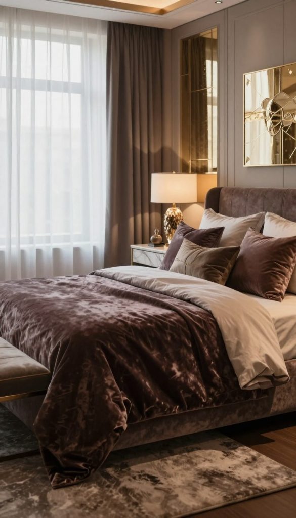 A luxurious bedroom sanctuary designed for opulence and comfort. In the foreground, a plush velvet bed draped with rich, deep-colored linens and an assortment of elegant pillows. Adjacent to the bed, a sleek marble nightstand holds a decorative lamp with a warm glow. The middle features a soft, textured area rug beneath the bed, adding warmth to the space. Walls adorned with sophisticated paneling in a muted hue contrast with shimmering gold accents on mirrors and artwork. In the background, large windows draped with sheer curtains allow soft, natural light to filter in, creating a serene atmosphere. The scene evokes a sense of tranquility and indulgence, perfect for a modern luxury bedroom. Photographed with a shallow depth of field to emphasize the textures and details, capturing the essence of a high-end retreat.