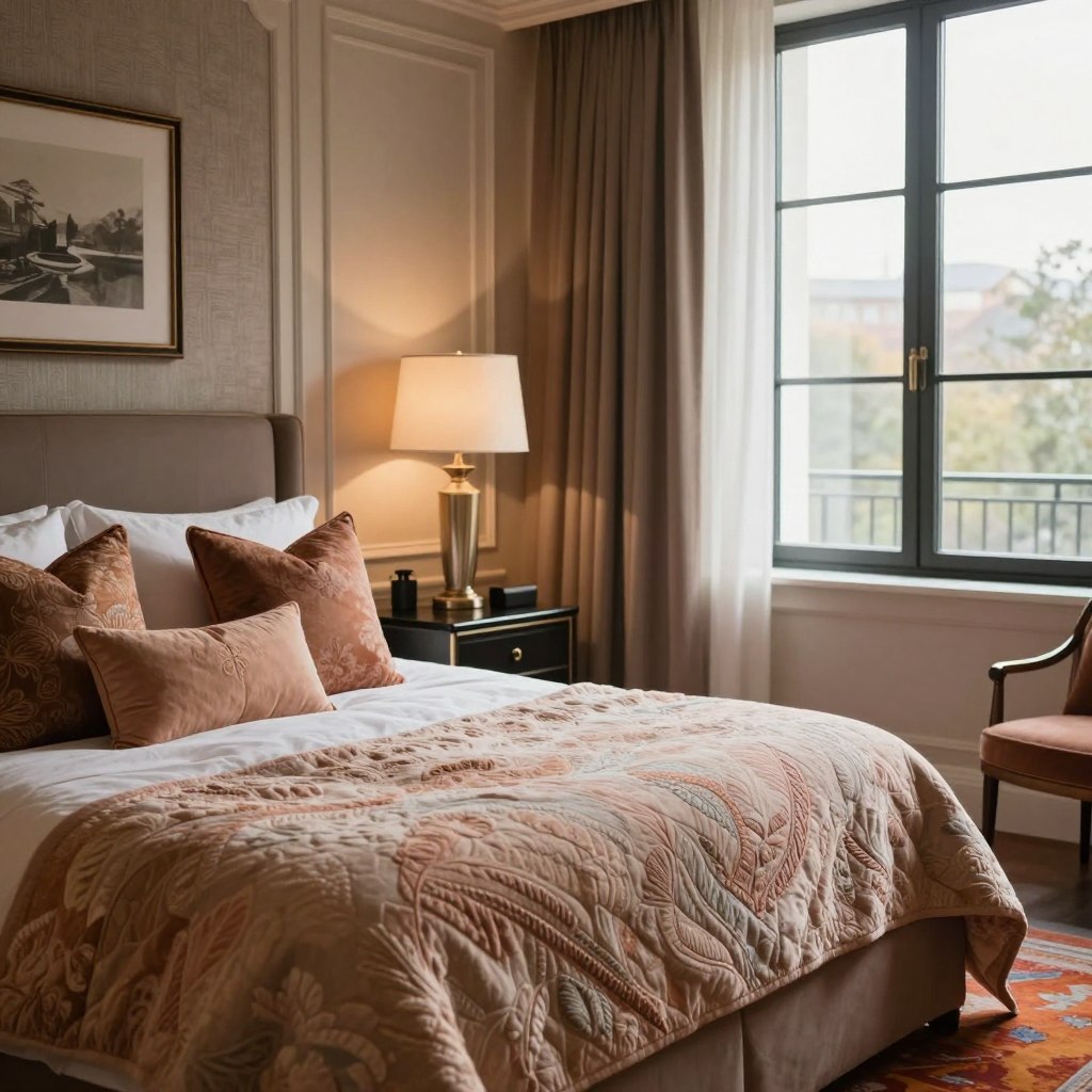 A luxurious boutique hotel bedroom featuring layered textiles in a sophisticated design. In the foreground, a plush bed adorned with various decorative pillows and a sumptuous, textured quilt in soft, warm hues. The middle reflects an elegant nightstand topped with a stylish lamp casting a soft glow, complemented by a vibrant area rug that adds warmth. In the background, tastefully chosen wall art and textured wallpaper enhance the ambiance, while large windows allow natural light to stream in, creating a serene atmosphere. The overall mood is inviting and tranquil, with a focus on comfort and elegance. Soft shadows play across the room, highlighting the rich textures and inviting details, creating a perfect mix of luxury and coziness.