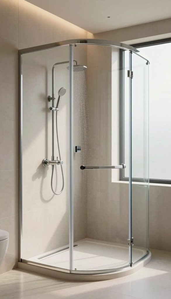 A luxurious curved glass frameless shower enclosure seamlessly integrated into a modern bathroom design. The enclosure features clear, sleek glass with gently curved edges, creating an airy feel. The foreground showcases polished chrome fixtures, such as a rainfall showerhead and minimalist controls, emphasizing elegance. In the middle ground, the curved enclosure is accented by large, smooth tiles in neutral tones, reflecting soft natural light. The background displays a clean, spacious environment with a frosted glass window allowing sunlight to pour in, enhancing the serene atmosphere. The lighting is warm and inviting, creating a tranquil mood that highlights the high-end design aesthetic. The overall composition captures a sophisticated and serene shower space without any human presence, focusing purely on the architectural beauty.