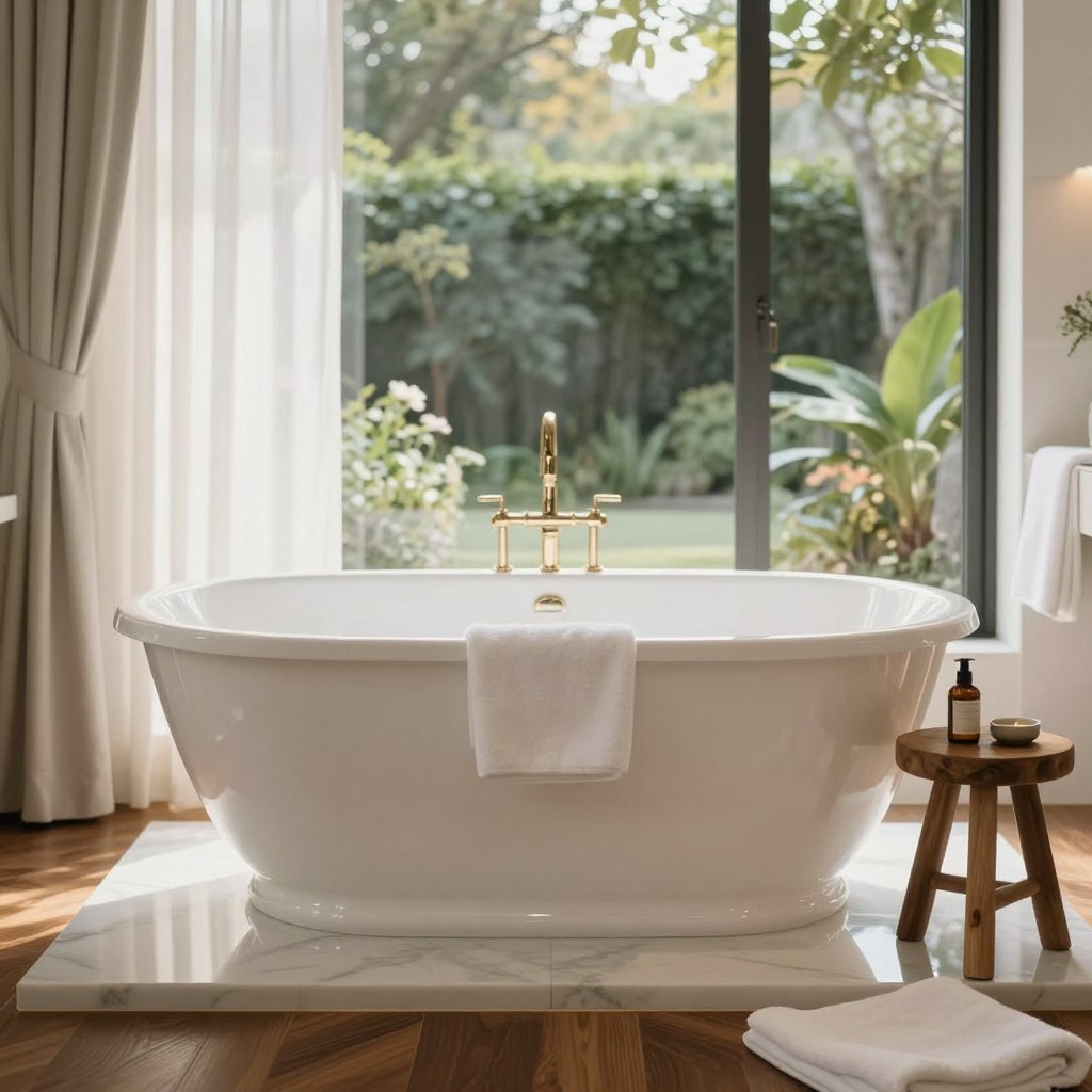 A luxurious freestanding soaking tub as the centerpiece of a master bathroom. The tub is elegantly designed with smooth curves and a glossy white finish, placed on a marble platform. Surrounding the tub, plush white towels and a stylish wooden stool hold organic bath essentials. Soft, ambient lighting casts a warm glow, enhancing the serene atmosphere. By large windows, sheer curtains allow natural light to filter in, revealing a lush garden view in the background. The flooring is a rich, dark hardwood that contrasts beautifully with gleaming white tiles near the tub. The overall mood is tranquil and opulent, creating the perfect private spa experience. Capture this scene with a shallow depth of field to emphasize the tub while blurring the background slightly, using soft focus for an ethereal effect.
